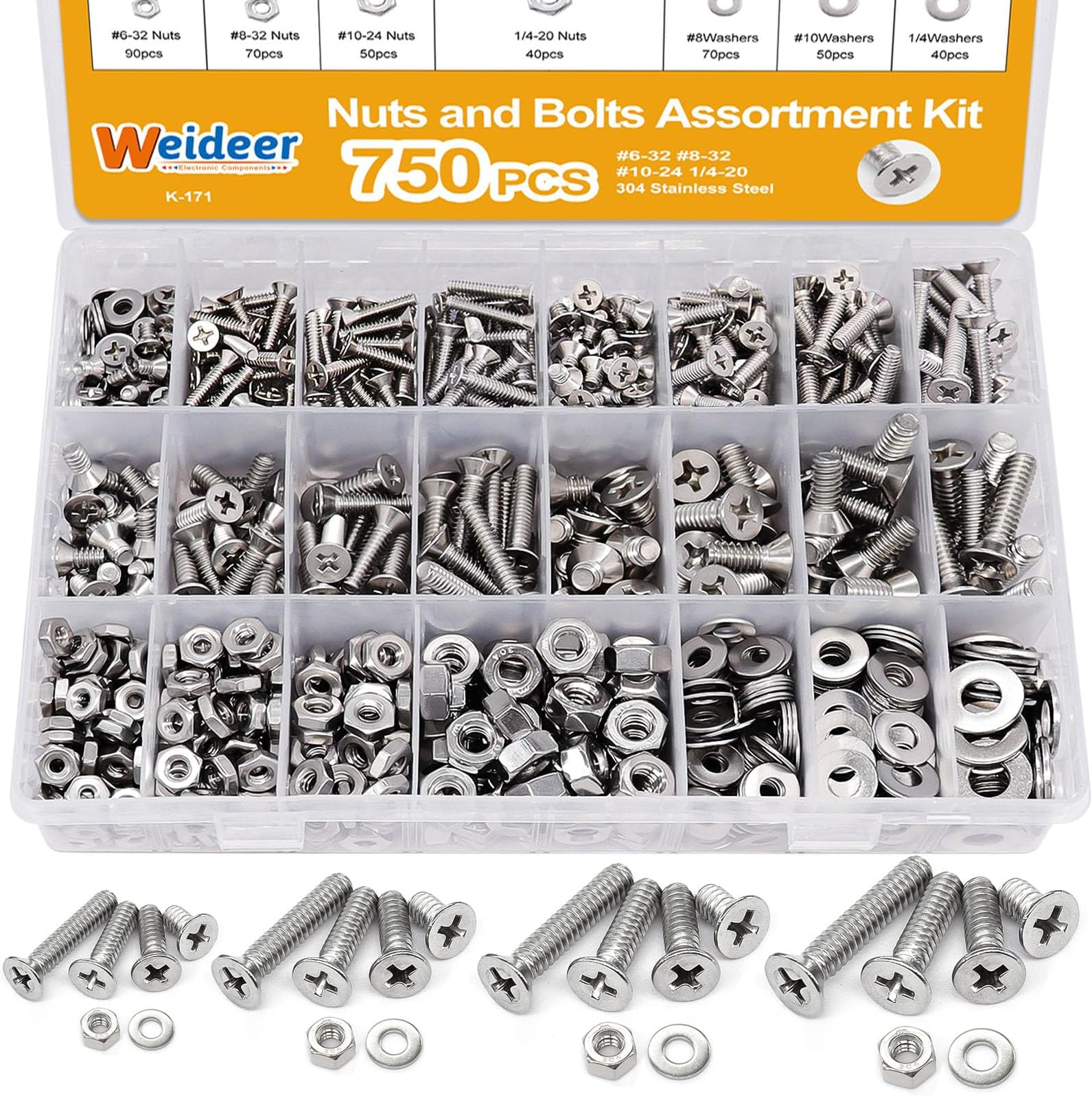 weideer 750PCS Nuts and Bolts Assortment Kit,Stainless Steel Machine Screws, #6-32 #8-32 #10-24 #1/4-20Phillips Flat Head Screws Assorted with Nuts, Bolts,Washers