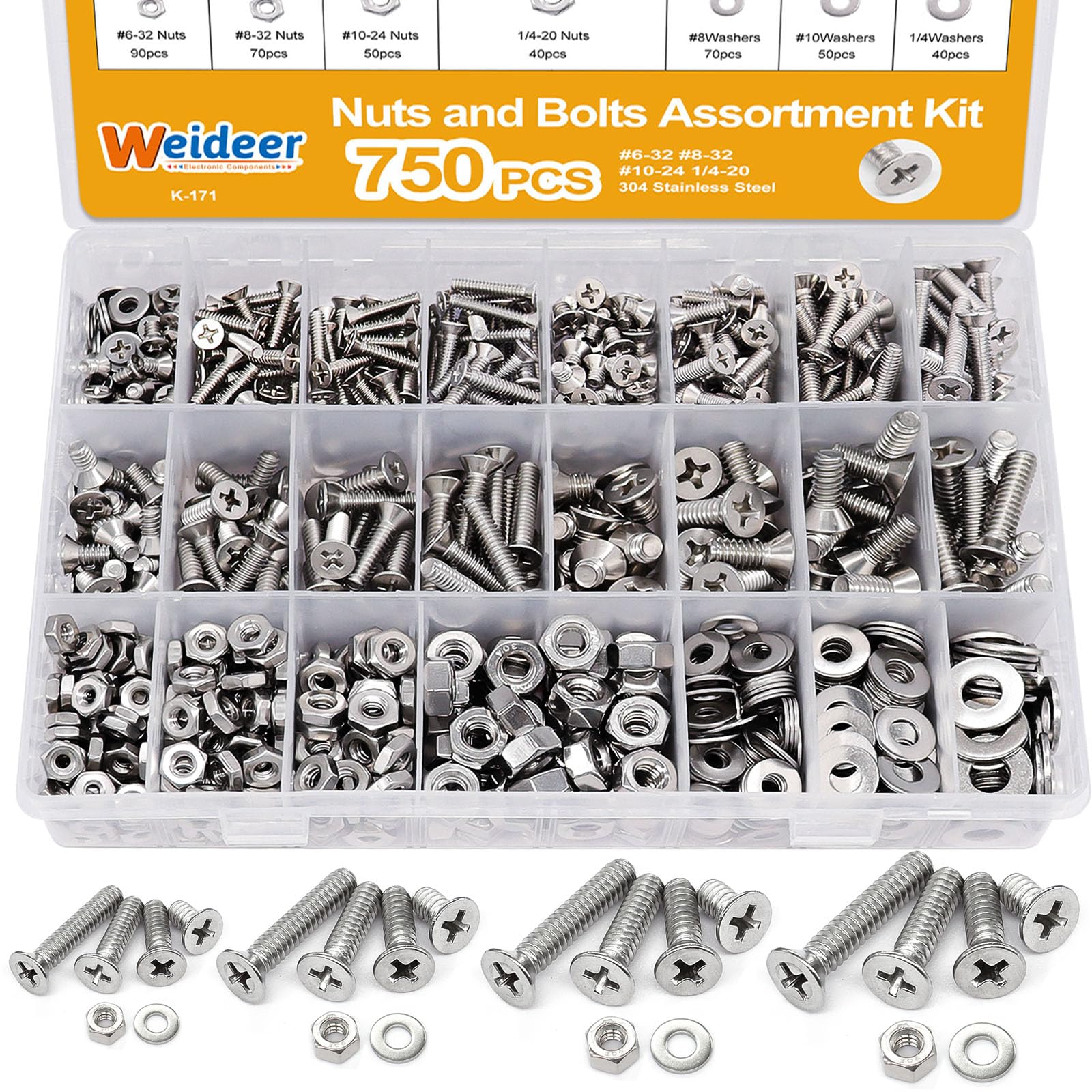 weideer 750PCS Nuts and Bolts Assortment Kit,#6-32#8-32#10-24#1/4-20 Stainless Steel Machine Screws,Phillips Flat Head Screws Assorted with Nuts, Bolts,Washers K-171