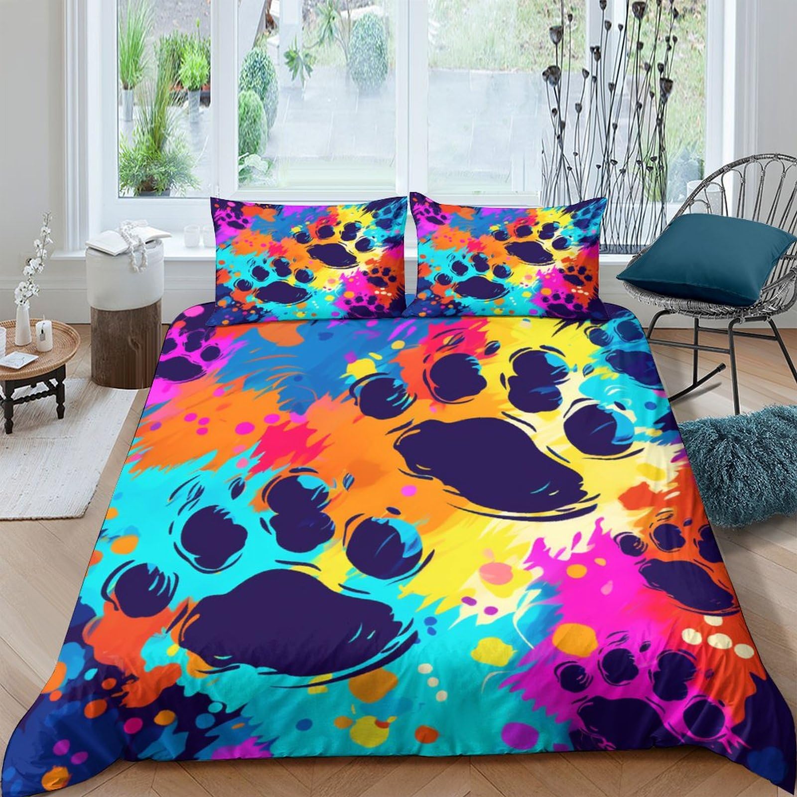 Housse de couette empreintes de pattes fermeture éclair parure microfibre King