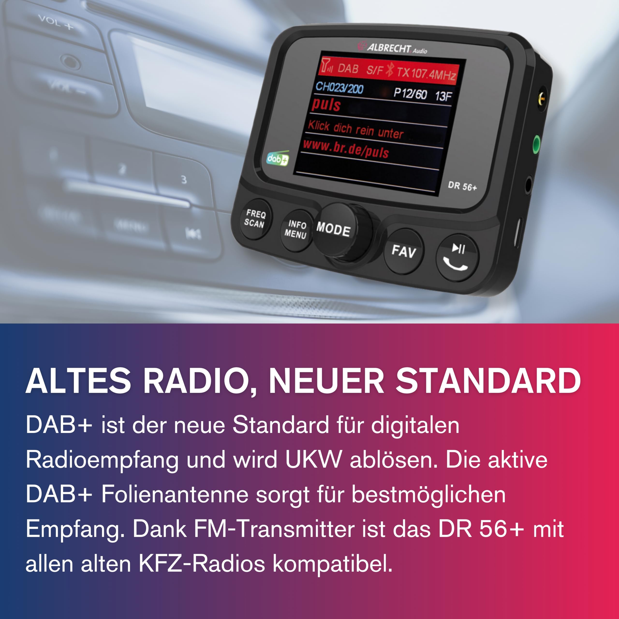 Albrecht DR 56+ DAB+ Adapter zum Aufrüsten von Auto-Radios mit TFT Display, 27256, mit FM-Transmitter für Musik-Streaming über das Handy, schwarz