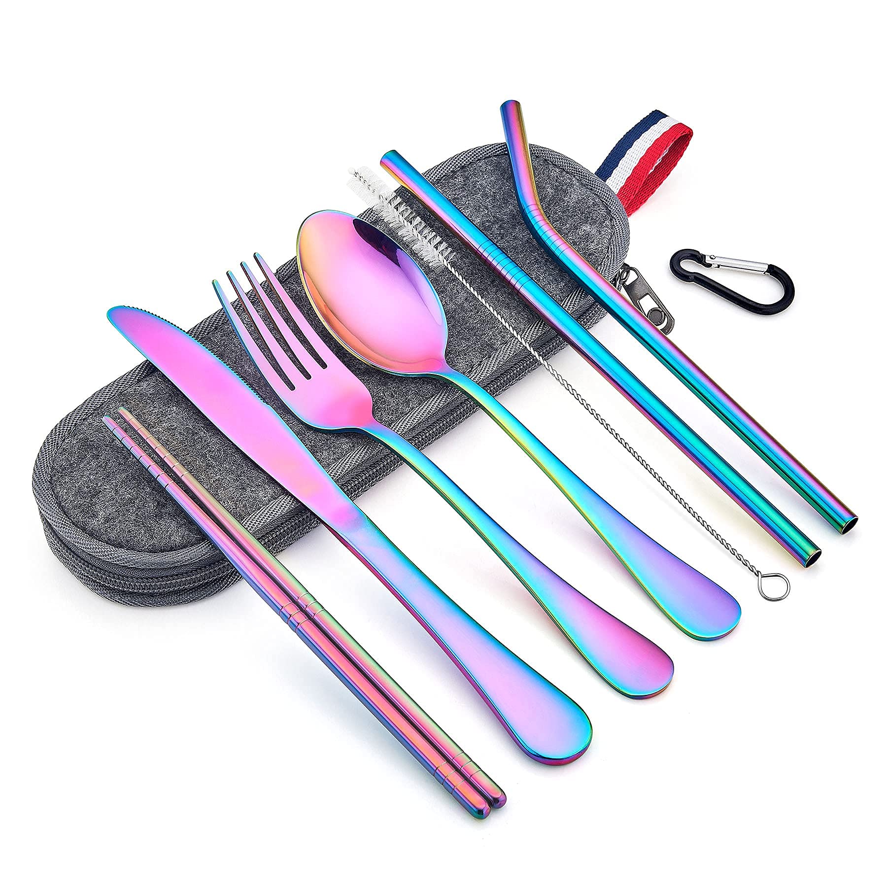 Anystar 8-Piece Rainbow Travel Silverware Set with Colorful Portable Utensils, Stainless Steel, Reusable Flatware, and Chopsticks, Gray Case