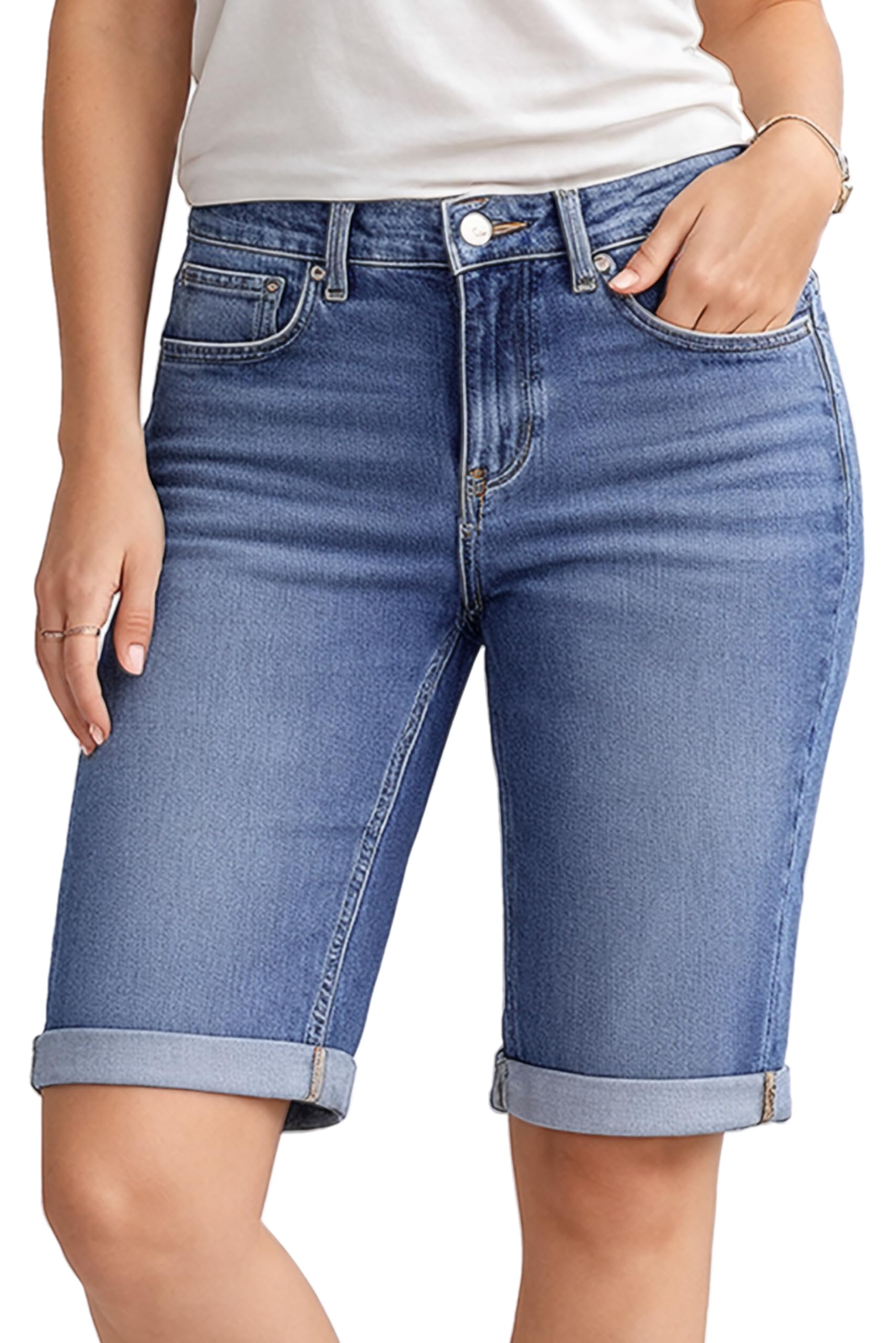 NOROZE Bermuda da Donna al Ginocchio, in Denim, Elasticizzati, a Contrasto, con Risvolto, in Denim, con Orlo Arrotolato, Casual, Estivi, Classici, in Cotone, con Tasche, Blu Medio E427