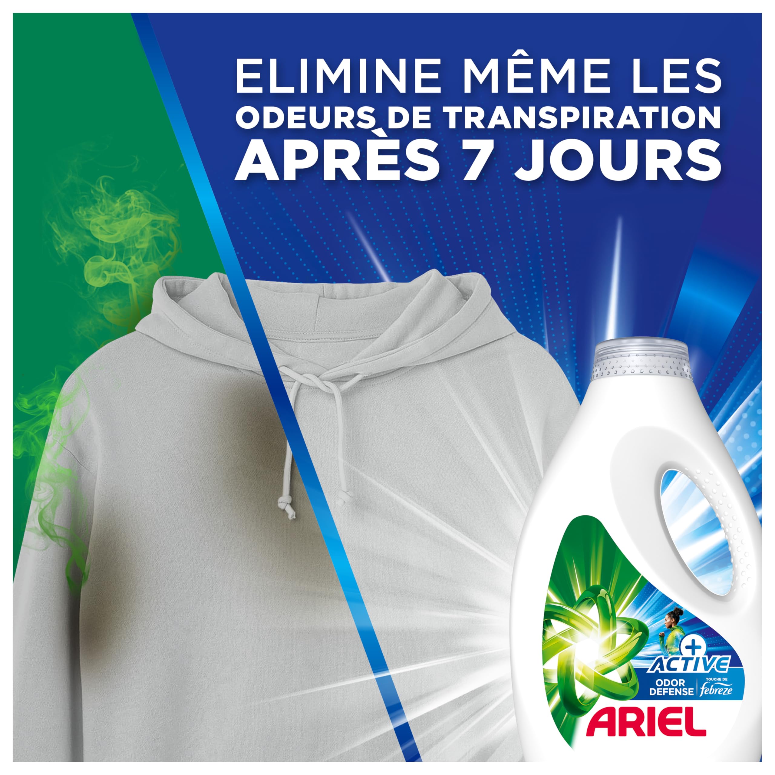 Ariel +Active Lessive Liquide, 70 Lavages (3.15L), Élimine les Odeurs de Transpiration Même Après 7 Jours avec la Technologie Febreze, Impeccable Même à Froid, Fabriqué en France
