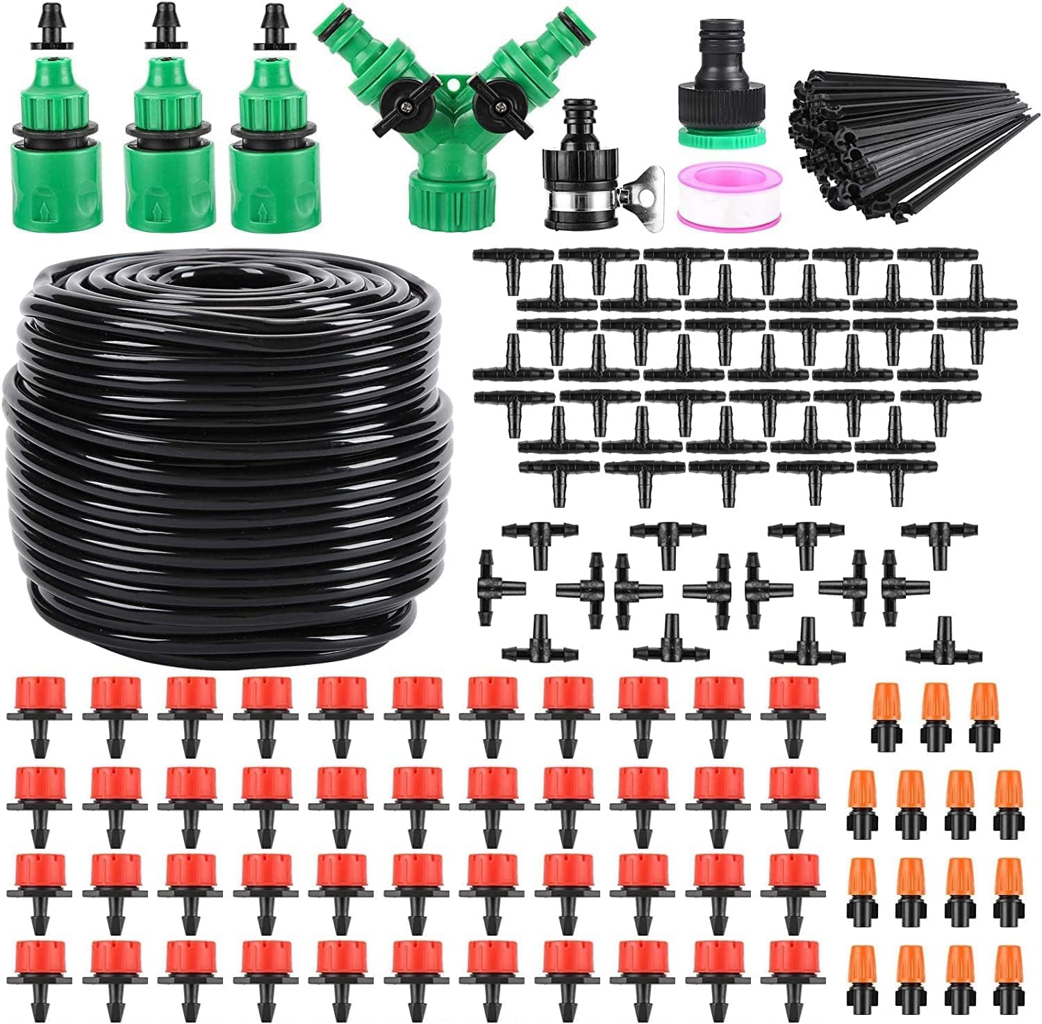 Drip Irrigation System,Garden Drip Irrigation Kit 1/4"" Blank Tubing Drip Kit DIY Automatic Irrigation Equipment Set for Garden Greenhouse, Flower Bed,Patio,Lawn (164 FT)