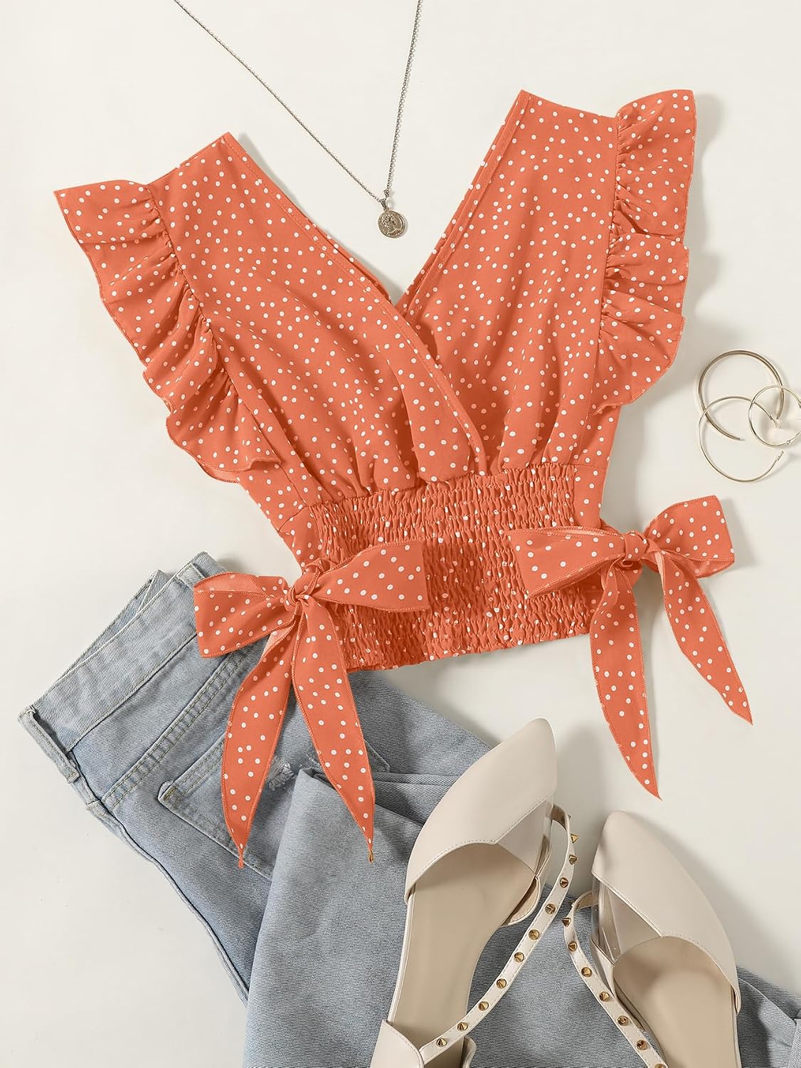 LYANER Women's Cute V Neck Ruffle Cap Sleeve Side Bow Shirred Hem Summer Crop Tank Tops Peplum Blouse