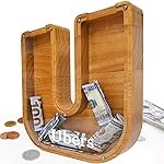 Custom 12 Extra Large Wooden Piggy Bank (Laser Engraved Name), Personalized Piggy Bank for Kids Boys Girls, Alphabet Coin Bank Money Savings Box, Perfect Christmas/Birthday Gift for Grandkids(U)