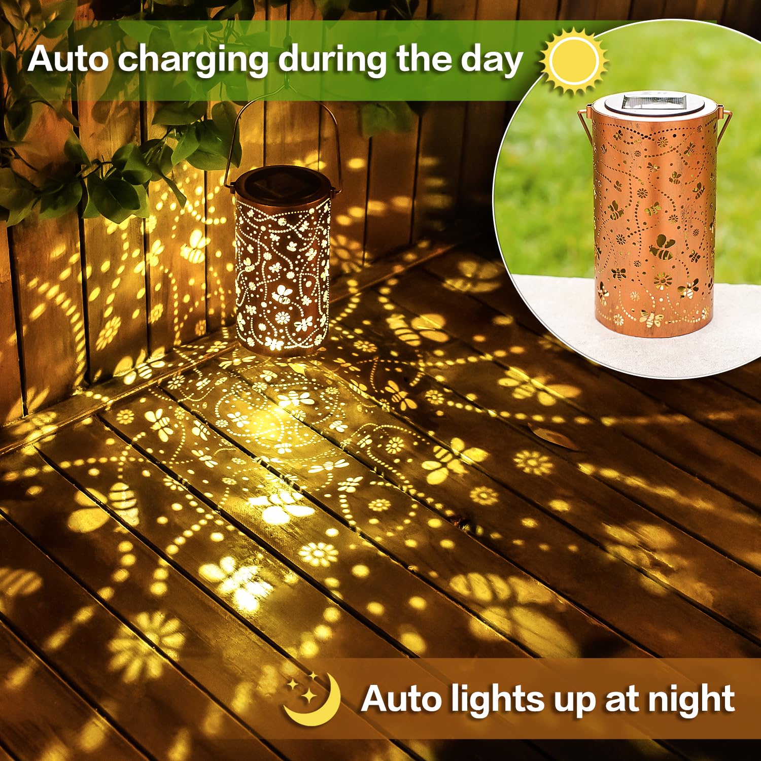 2 Pack Bee Outdoor Solar Hanging Lanterns Waterproof LED Solar Lights Metal Decorative Lanterns For Garden, Patio, Courtyard, Backyard, Yard Decor Unique Bee Gifts For Women Gardening