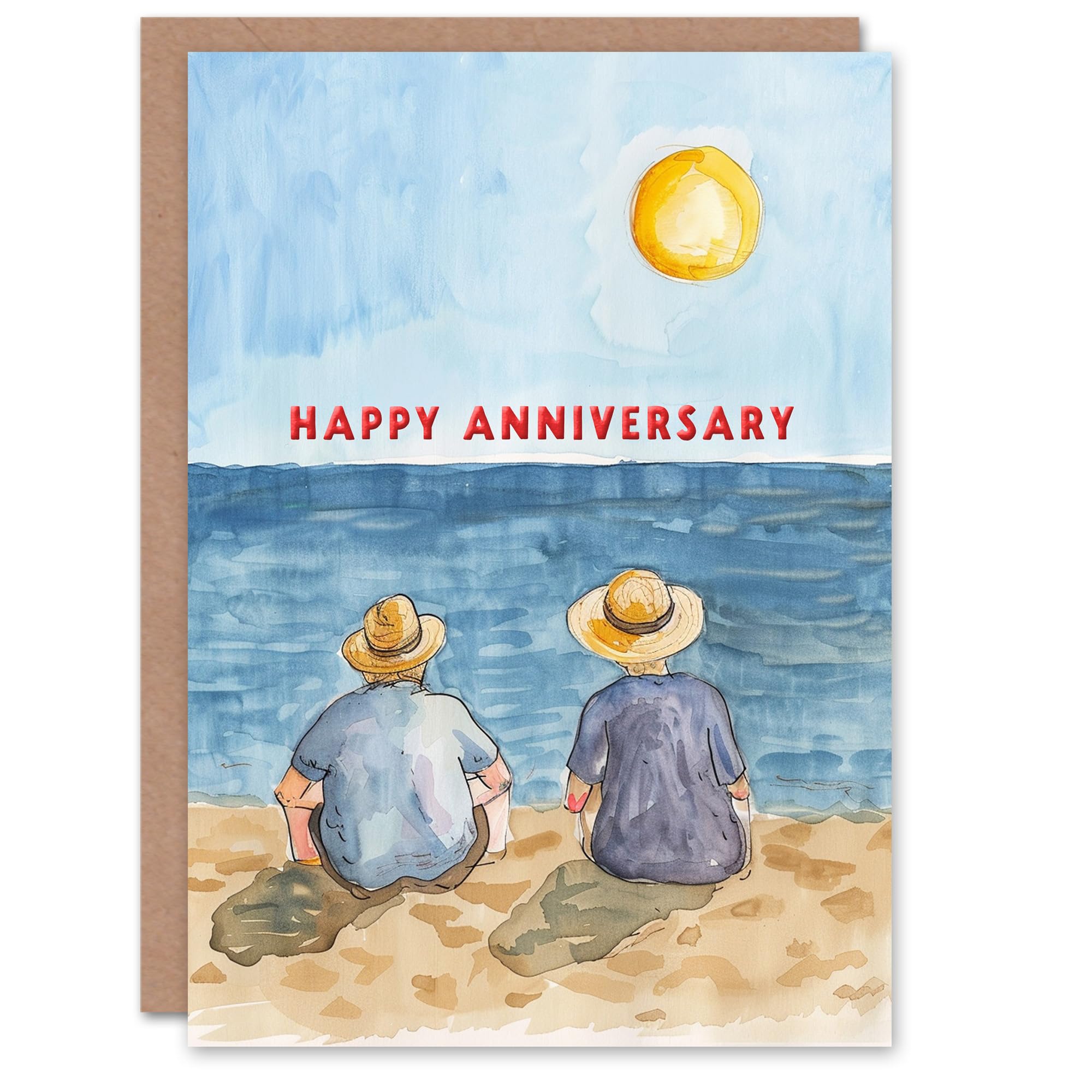 Artery8 Elderly Couple Sitting At The Beach Watercolour Blank For Him Or Her Art Anniversary Card