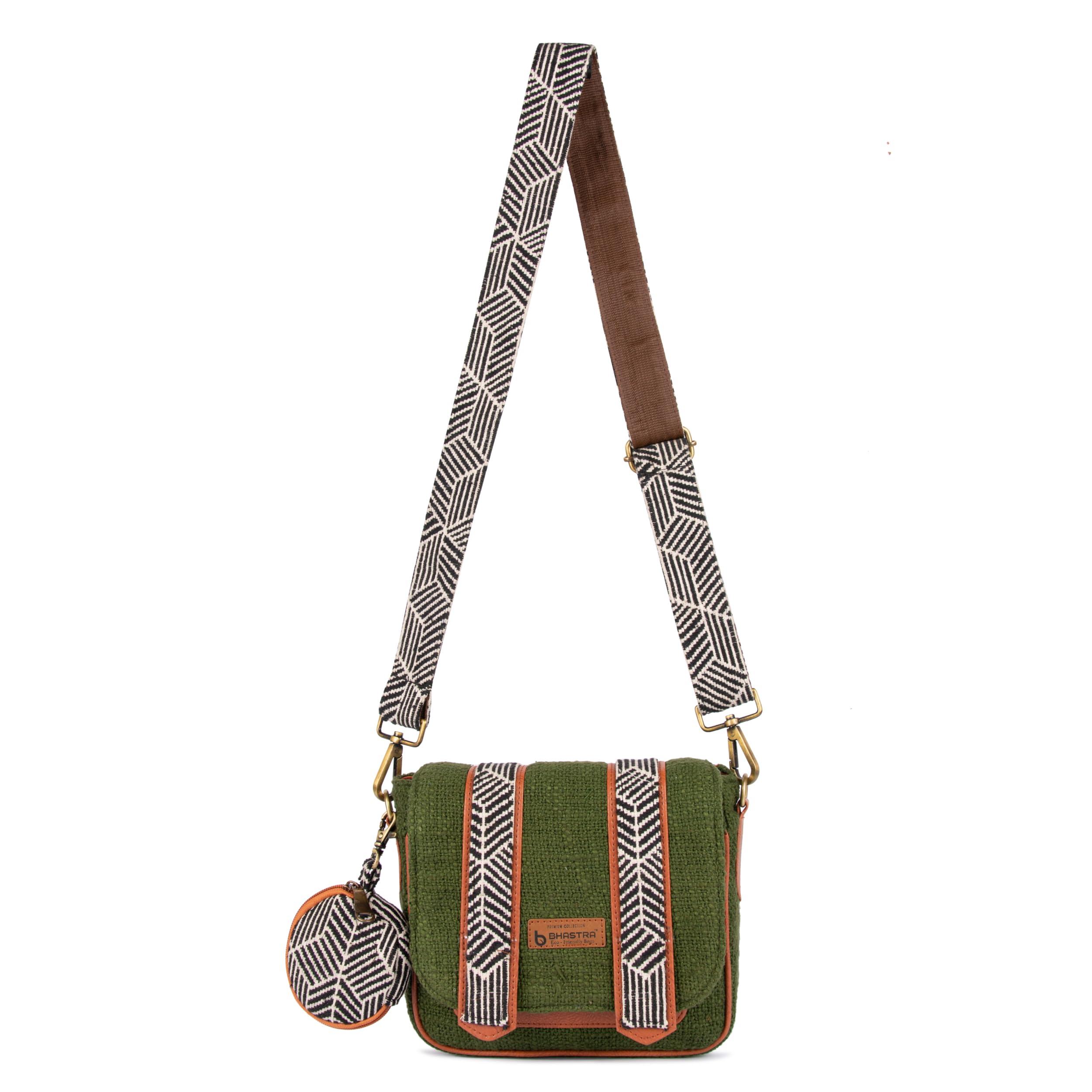Olive Saddle Handloom Sling Bag with Dual Compartments & Jacquard Adjustable Detachable Strap | Compact Sling Bag with Front Pocket, Back Zip & Coin Pouch – Handloom Fabric Design-image-31