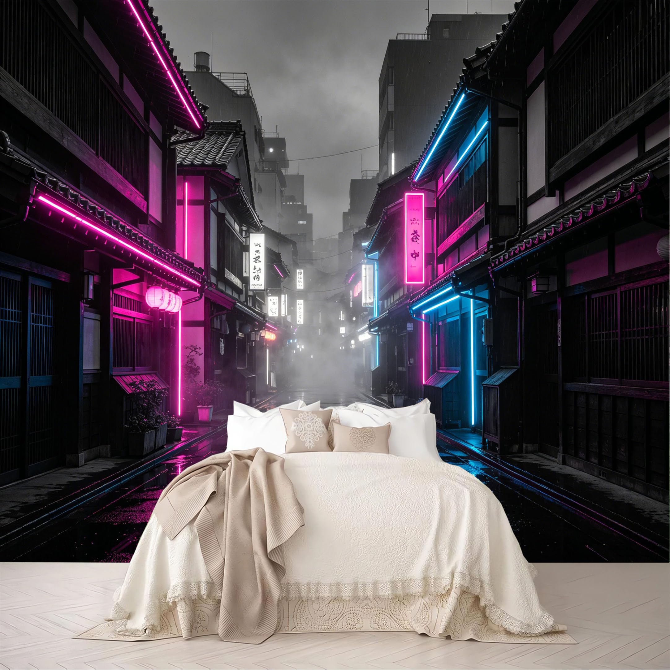 Dskjoviality Ab260706053 Custom Size Wall Mural Neon Rainy Traditional Town Street Night Reflection Removable Self Adhesive Peel And Stick Wallpaper For Bedroom Living Room