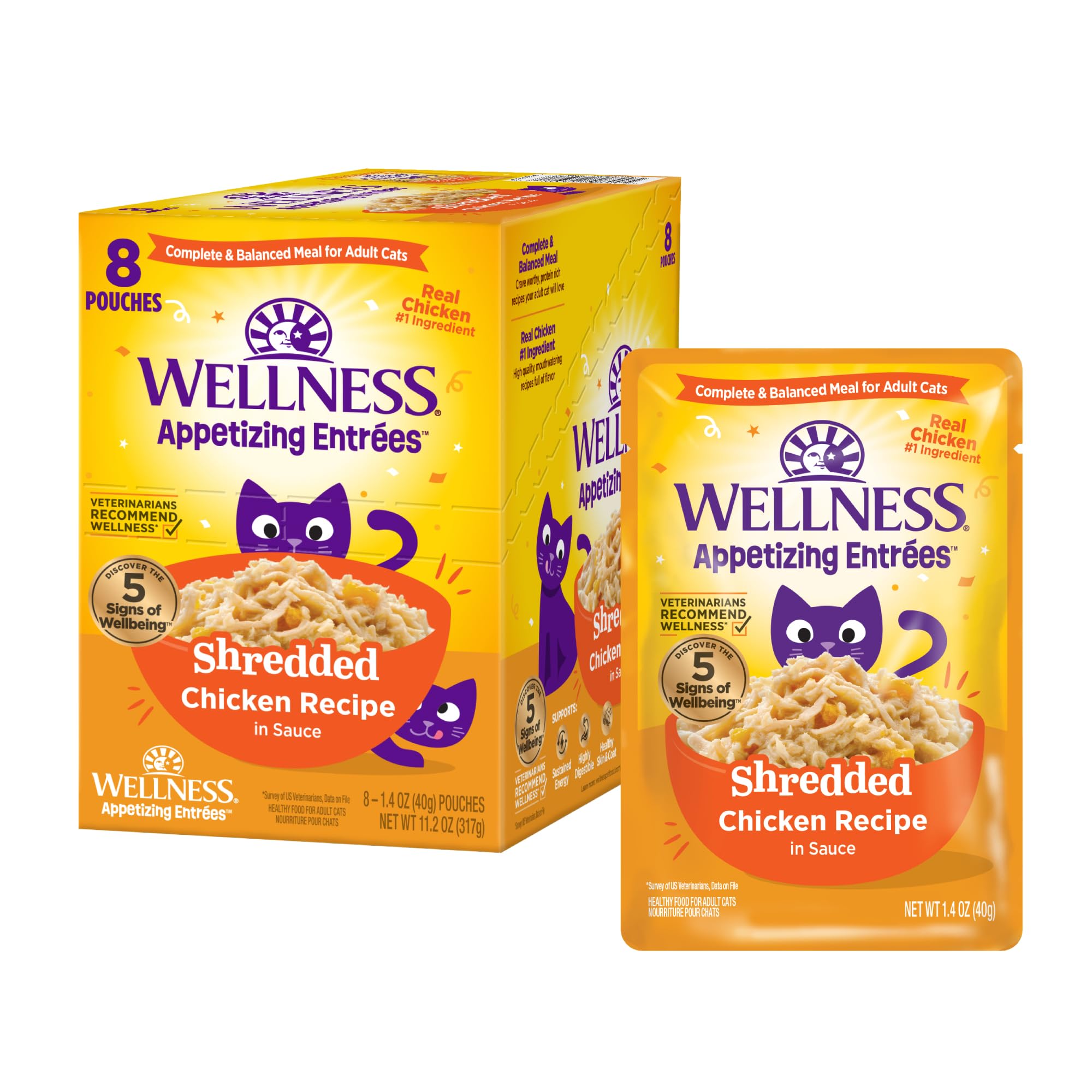 Wellness Appetizing Entrées Shredded Adult Wet Cat Food, Natural, Protein-Rich, Grain Free, 1.4 Ounce Pouch, 8 Pack (Chicken Recipe)