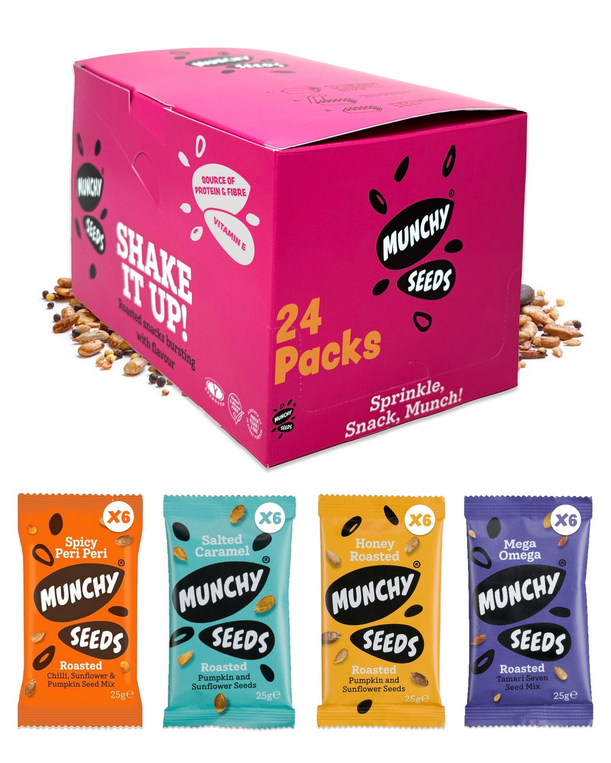 MUNCHY SEEDS Variety Pack - Honey Roasted, Peri Peri, Mega Omega, Salted Caramel - 24-Packs x 25g - Nutritious Seed Mixes Perfect for Lunchboxes and Snacking (6 Pcs Per Flavour) - Gluten-Free Snacks