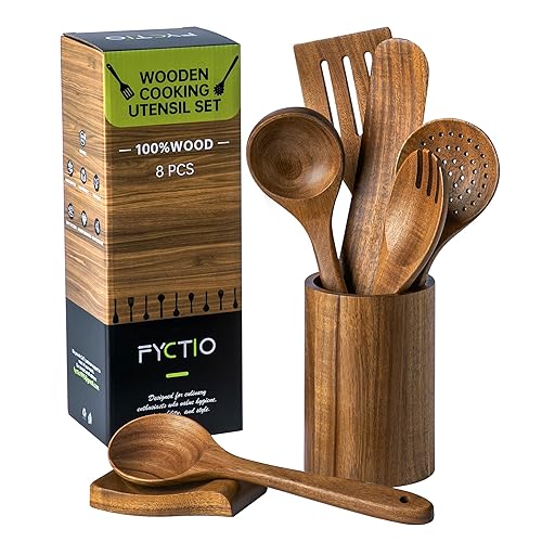 8 PCS Acacia Wooden Utensil Set with Holder, Spoon Rest,