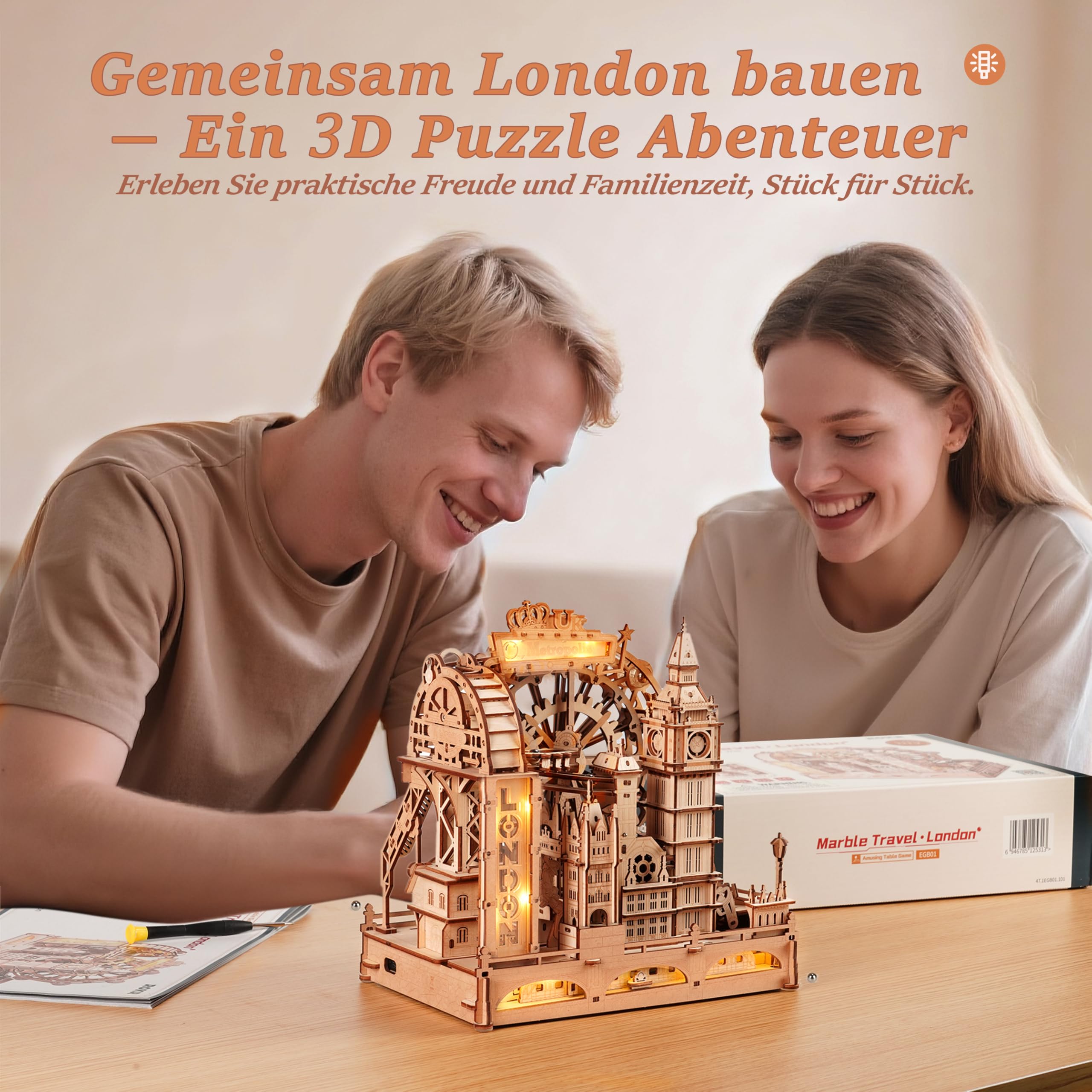 ROBOTIME EGB01 3D-Puzzle aus Holz mit Murmelbahn, Modellbausatz London mit Lichtern, mechanischer Bausatz für Erwachsene und Jugendliche, dekoratives und pädagogisches Geschenk