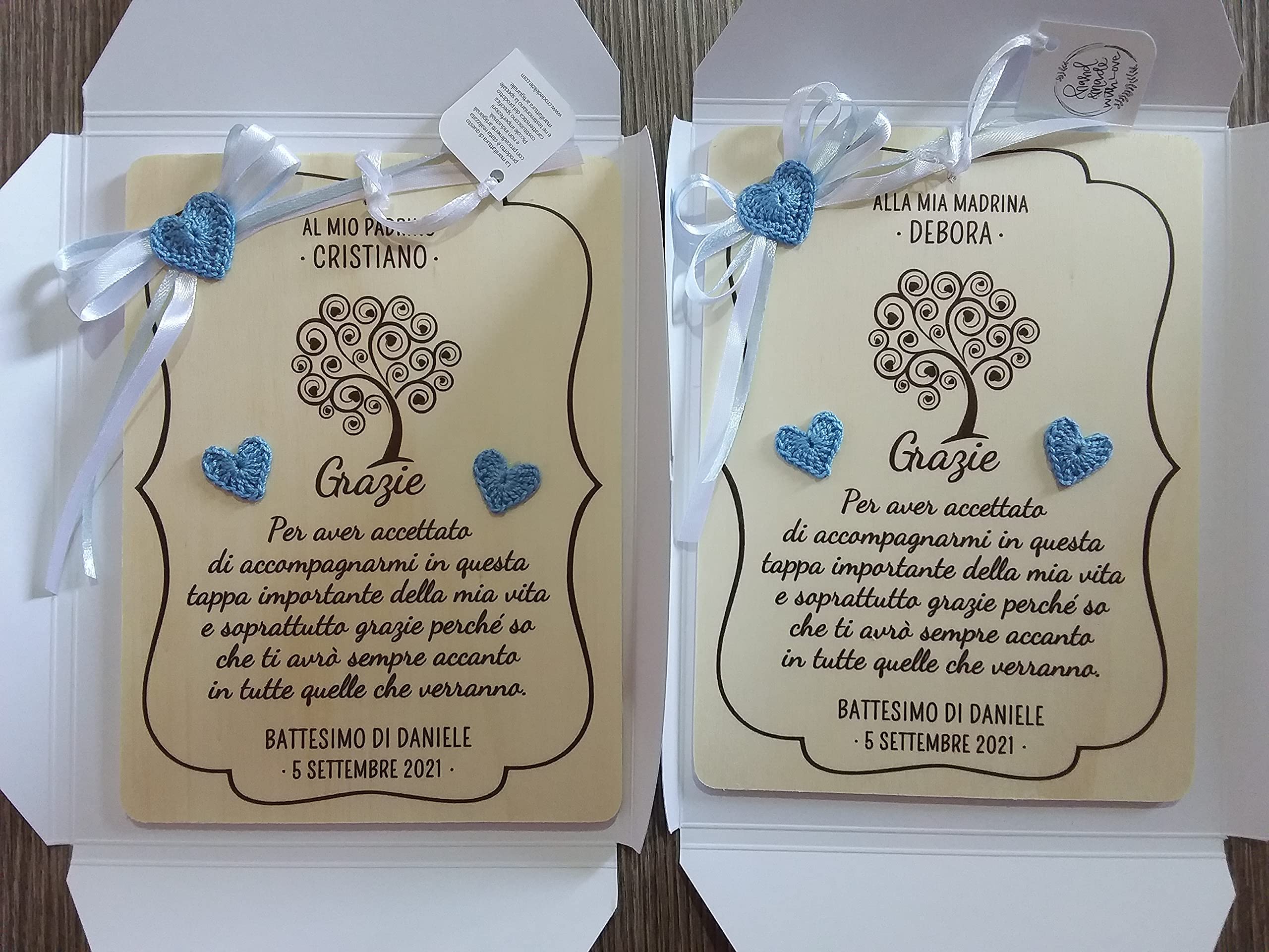 Crociedelizie, targa targhetta tavoletta ricordo ricordino per madrina padrino battesimo cresima idea regalo ringraziamento personalizzata nome e data completa di scatola regalo in omaggio