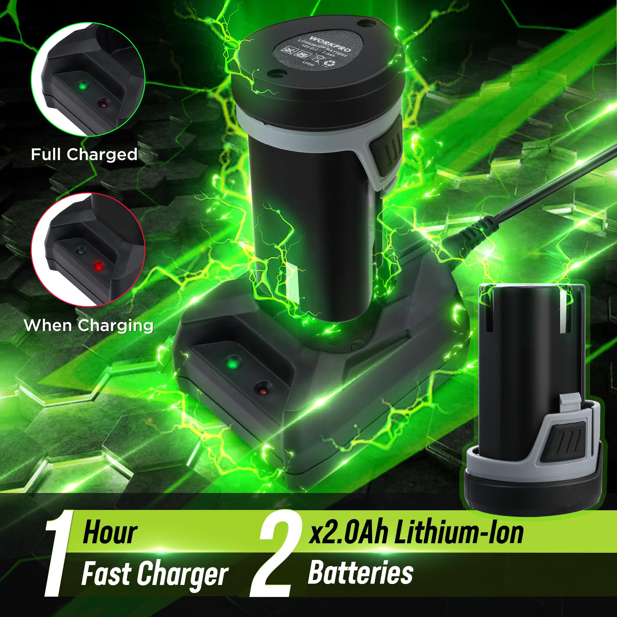 WORKPRO Chiave a Cricchetto Elettrica Senza Fili Set, Chiave a Cricchetto a Batteria 12V, 3/8", 55Nm Cricchetto a Batteria con 2 Batterie da 2,0 Ah, Luce LED, incl. 10 Prese, Custodia, Caricabatterie