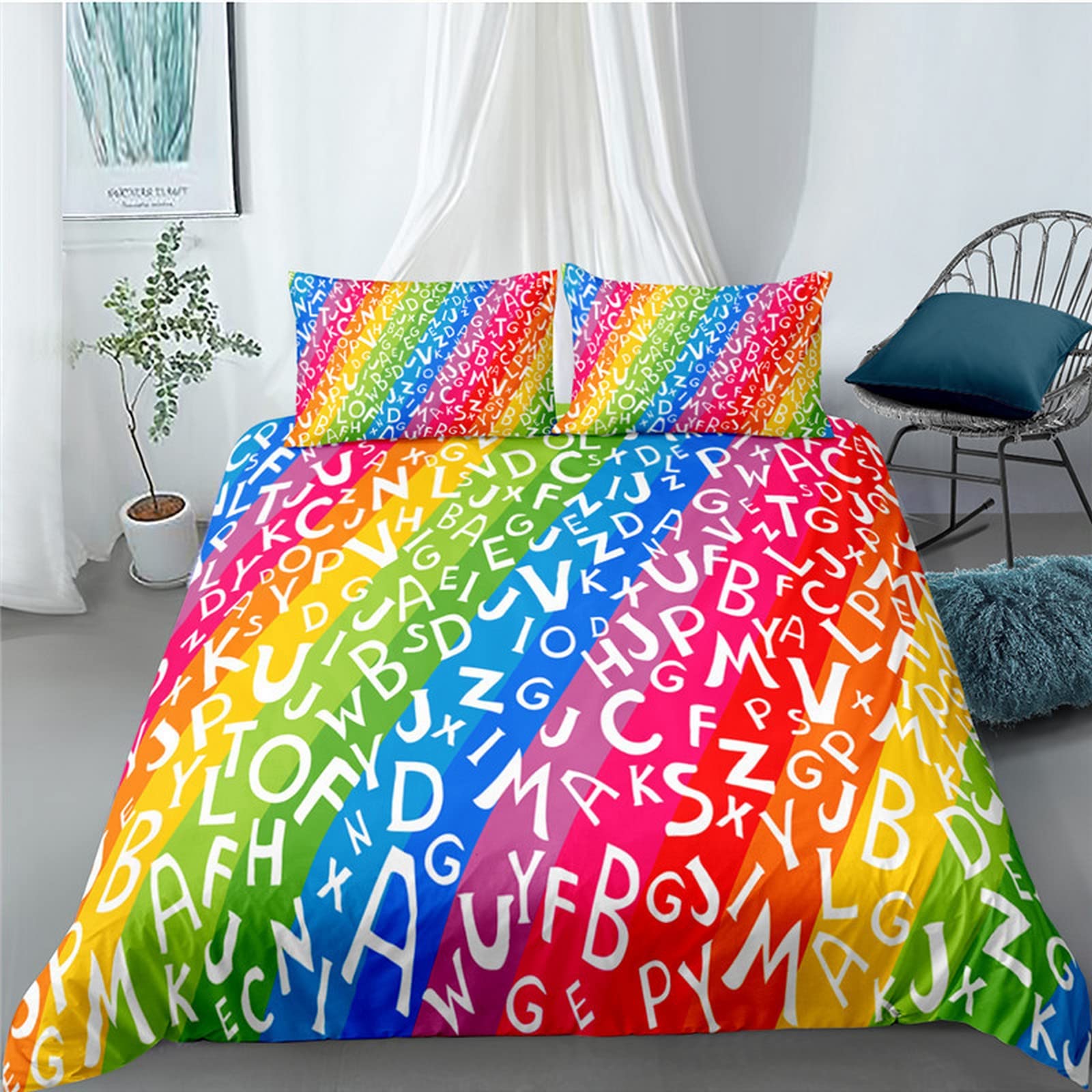 Set Copripiumino In Microfibra Parure Stampa 240X220 Cm Lettere A Righe Colorate, 1 X Copripiumino Con 2 X Federe Bambini 3 Pezzi Biancheria Da Letto - Facile Da Curare