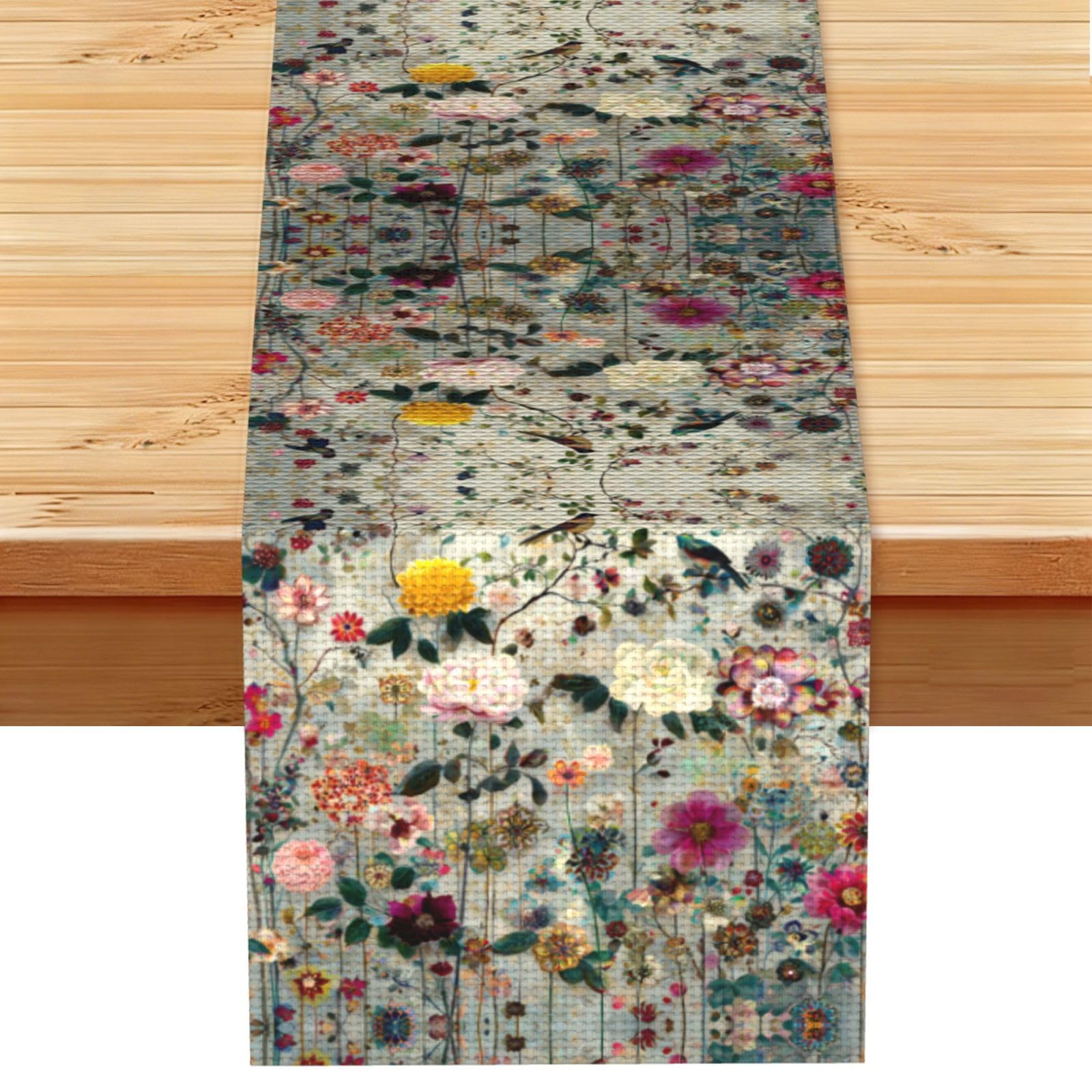 Bouquet and bird Linen Feel Table Runner Wedding Party Home Decoration