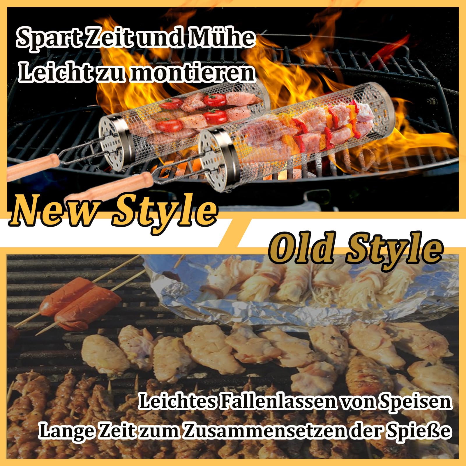 Leerweii 2 Stück Grillkorb Edelstahl mit Doppelten Holzgriffen, Seitlich zu öffnendes Design