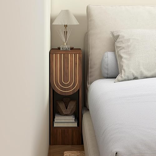 Miniatura 4 de Mesita de noche estrecha, mesa de noche moderna de mediados de siglo con cajón tallado y estante de almacenamiento, mesa auxiliar delgada para