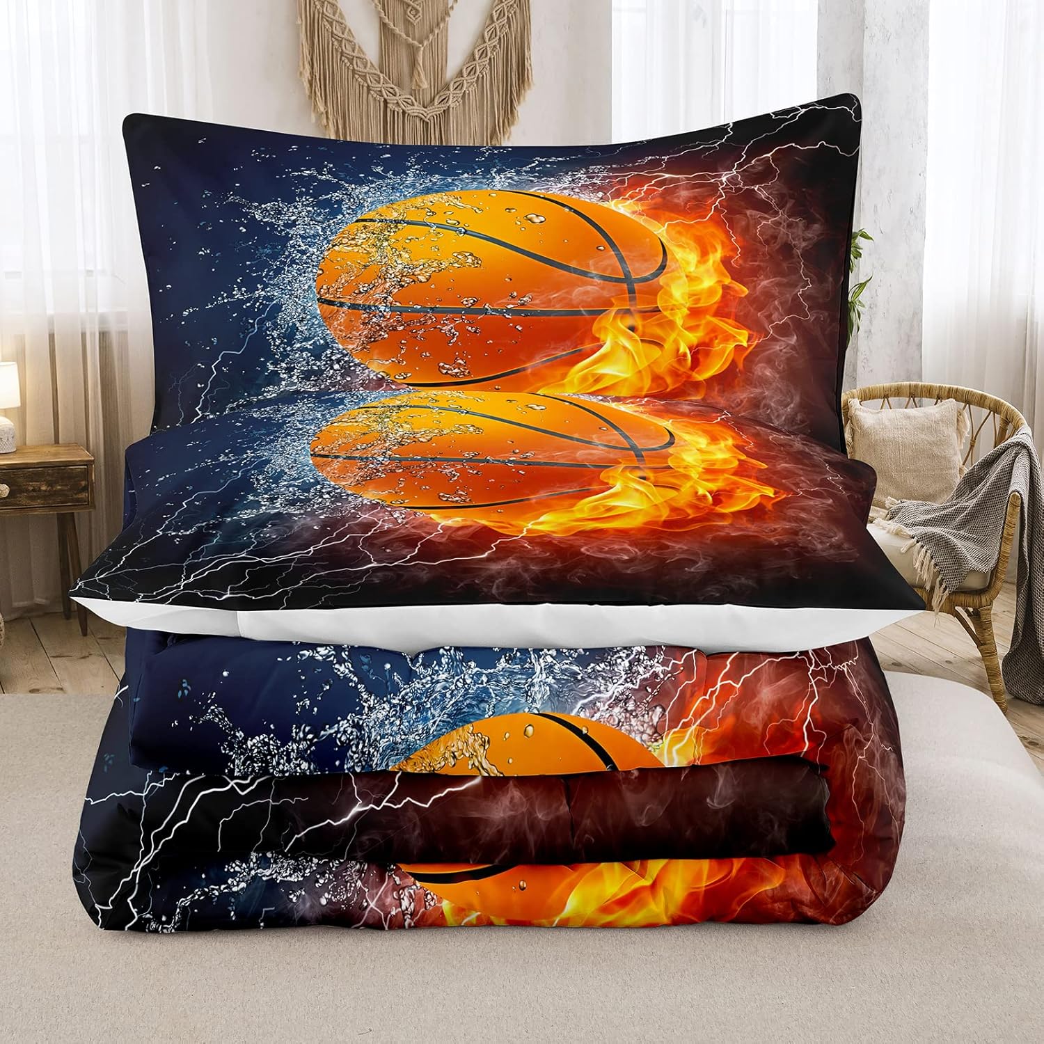 Gеt Dіѕсоunt 70% Prісе NINENINE Basketball Sport Comforter Bedding Set King Size for Boys Teens,Basketball Surrounded by Ice and Fire Bedding Set,Soft Microfiber Reversible Quilt with Matching Pillowcase#5001
