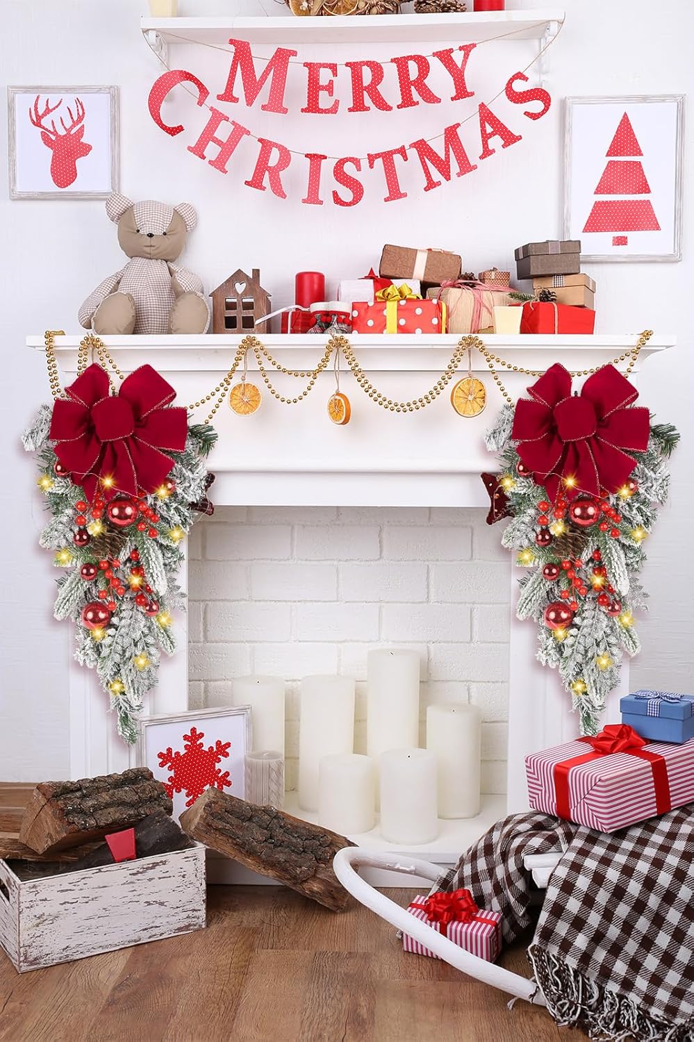 2 Pack Prelit Red Christmas Swags, 23.6" Teardrop Door Swag with Red Bows, Ornaments, Pinecones and Berries, Christmas Teardrop Swag for Front Door, Windows, Fireplace and Table Décor
