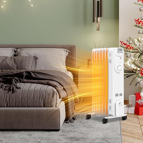 Miniatura 10 de Happygrill Radiador de calentador de aceite de 1500 W, calentador de espacio de aceite portátil con termostato ajustable, 3 ajustes de calor,