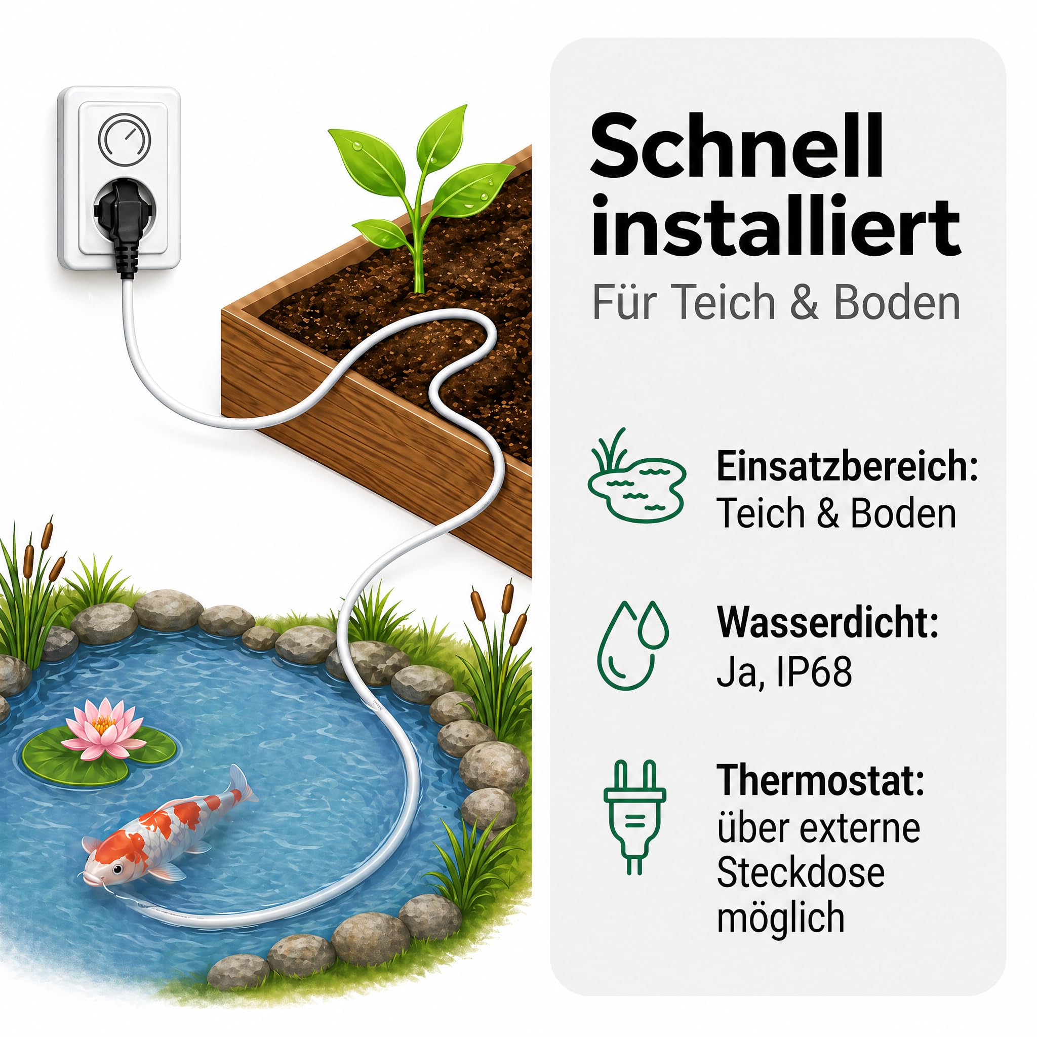 Pondlife Heizkabel 12 m, Teichheizung mit 150 W, IP68 wasserdicht, doppelte Silikon-Isolierung, Eisfreihalter für Gartenteich und Bodenwärme im Gewächshaus, Schuko-Stecker