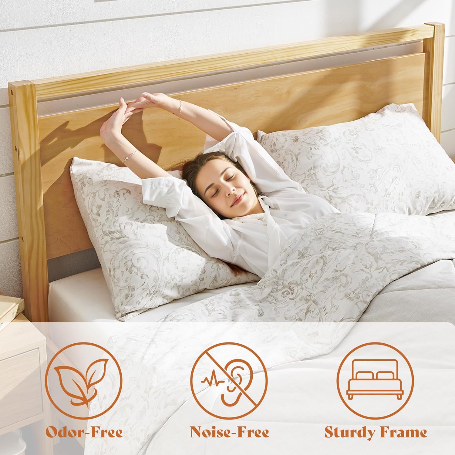AMERLIFE 3 Pieces Solid Wood Bedroom Set, Queen Platform Bed Frame with Headboard and Fully Assembled Nightstand Set of 2 with Storage Drawer, Modern Bedroom Furniture Set, Natural