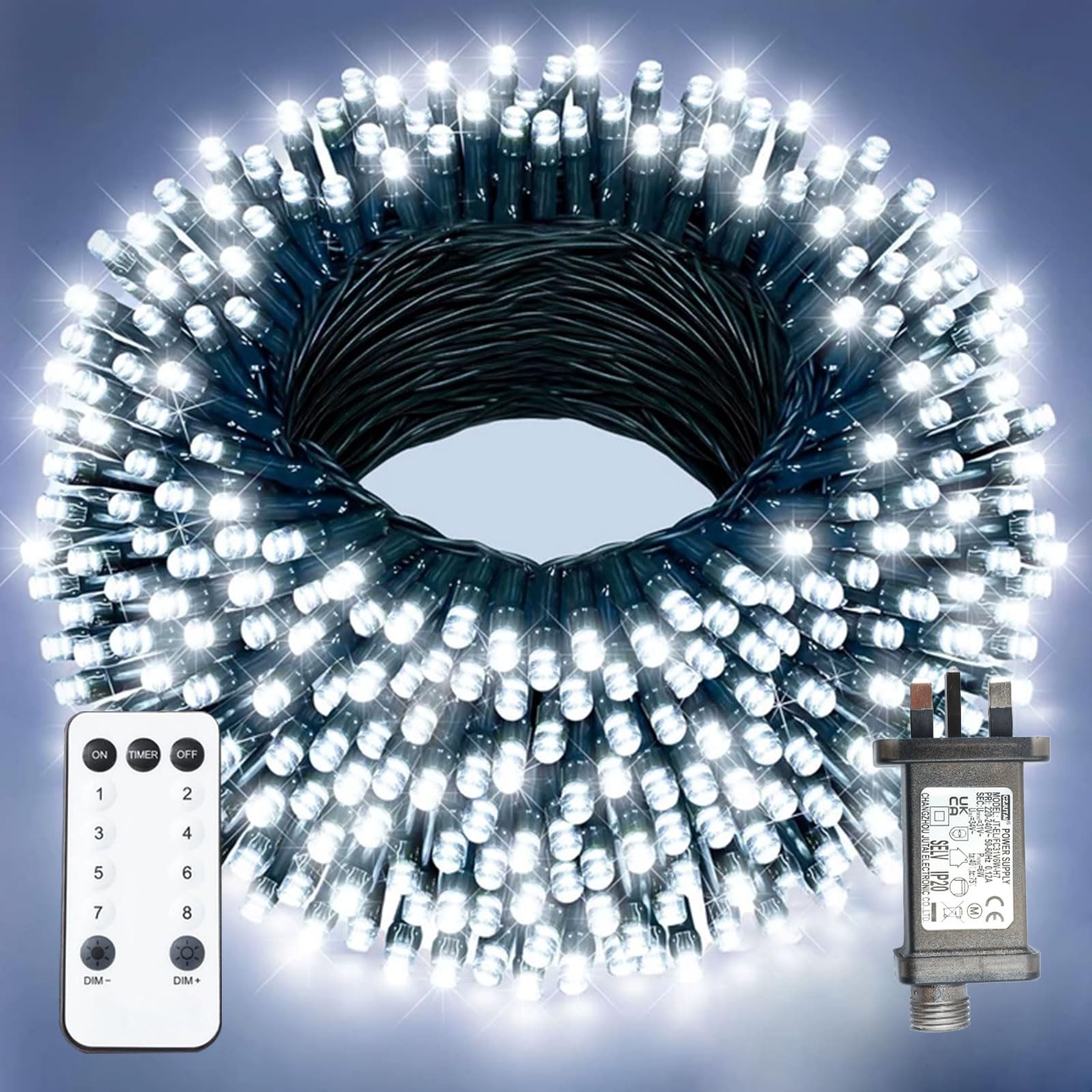 XmasBokeh Fairy Lights, 100m 1000 LED, Cool White, Green Cable, Plug in — image 1