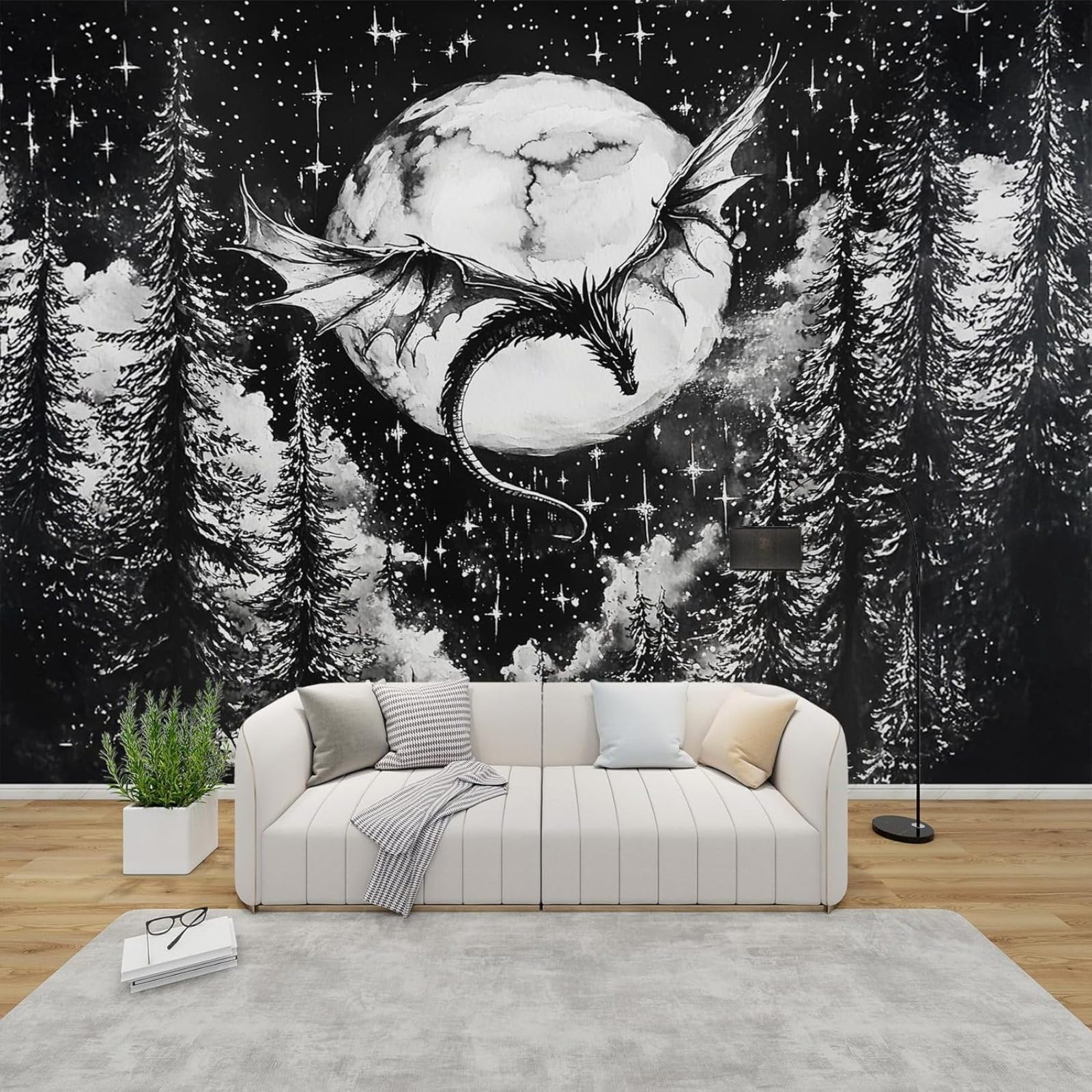 Fototapeta z motywem smoka, sypialni, zwierzęta fantasy, 3D, tapeta z włókniny, czarno-biały, las, księżyc, gwiazdy, dekoracja ścienna, do pokoju dziecięcego, tapeta ścienna, tapeta z wzorem, 300 cm x