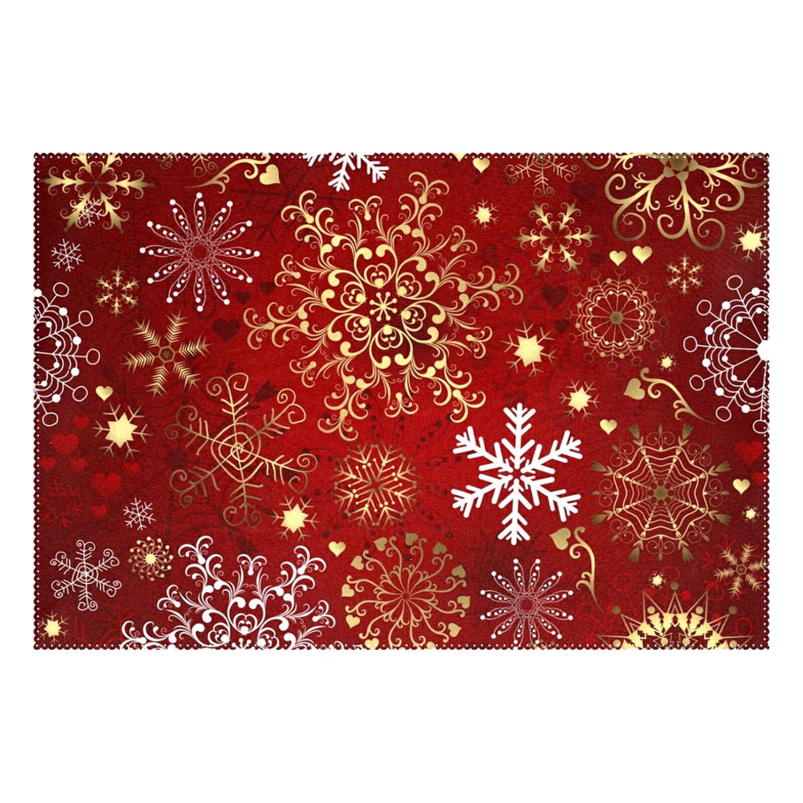 Naanle Christmas Holiday Placemats, Christmas Red Gold Snowflake Non Slip Heat-Resistant Washable Table Place Mats for Kitchen Dining Table Home Decoration, 12