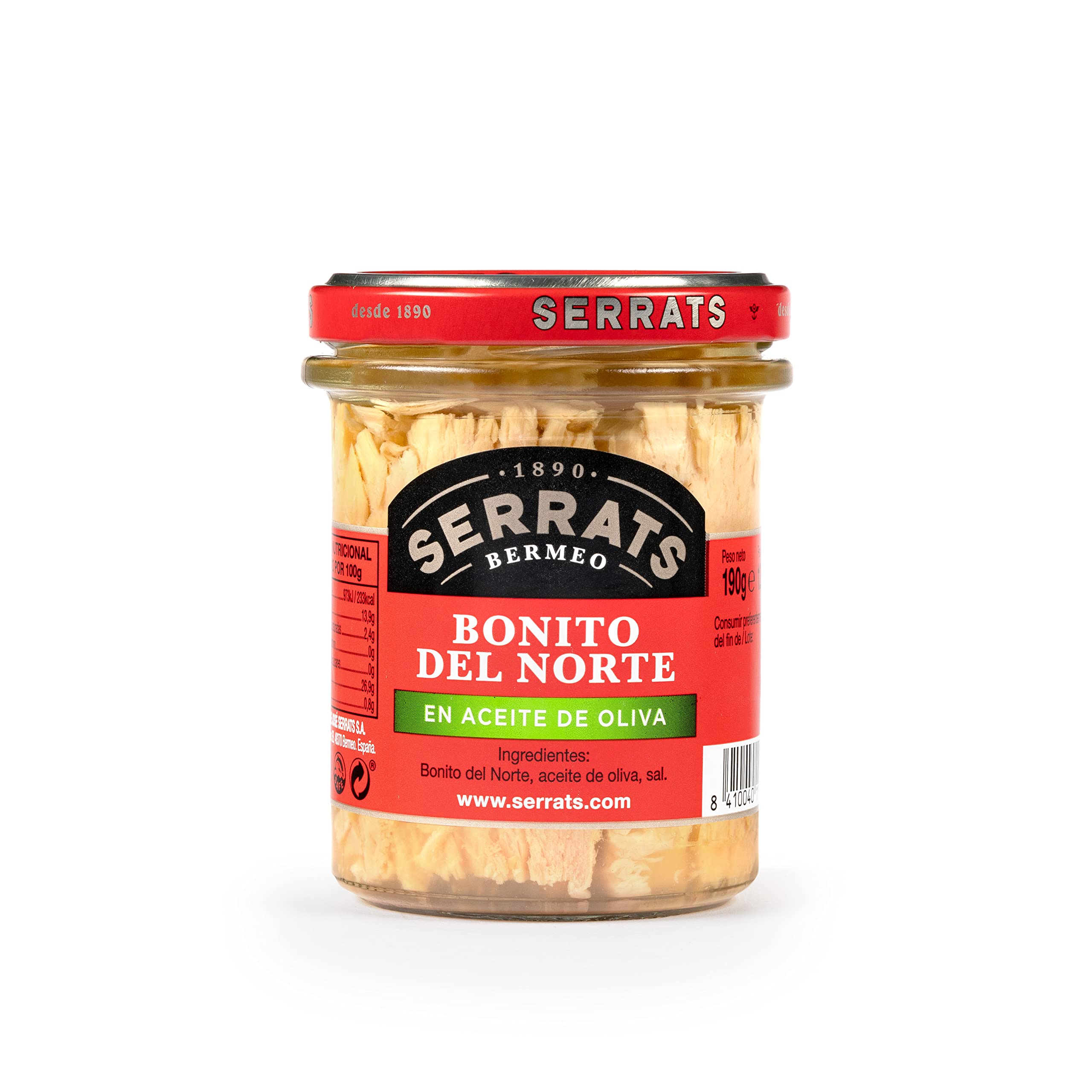 CONSERVAS SERRATS - Bonito del Norte del Cantábrico en Aceite de Oliva - 6 Frascos x 190g (Total: 1140g) - Elaboración Artesanal desde 1890 - Sin Gluten - Rico en Omega 3 – Premium