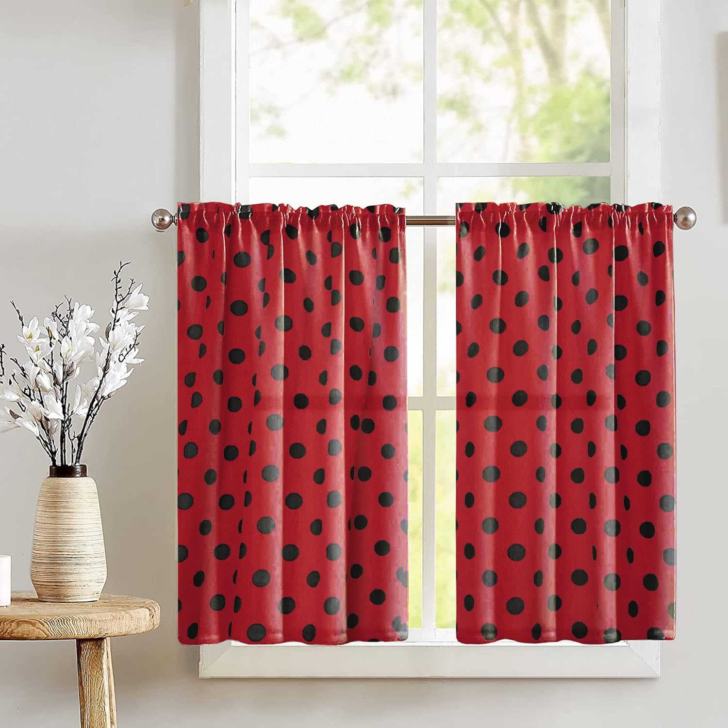 Zen Creative Designs Polka Dots Print Tier Window Valance 2 Piece Set Home Décor Bedroom Nursery Kitchen Window (Black on Red)