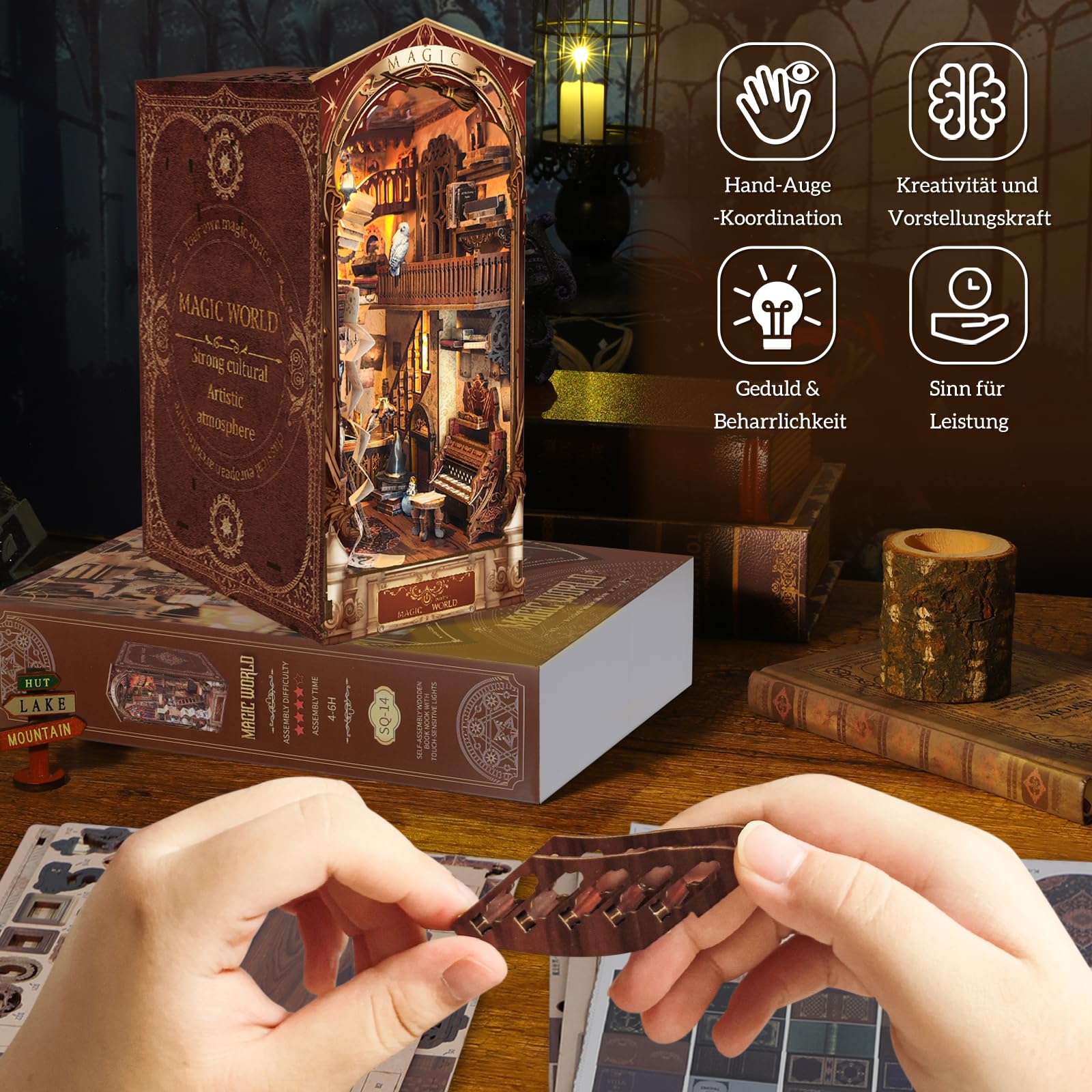 Quanquer Kit fai da te Book Nook – Kit per casa delle bambole fai da te in miniatura con mobili e luce LED, 3D puzzle fermalibri in legno, kit di modelli per adulti da costruire