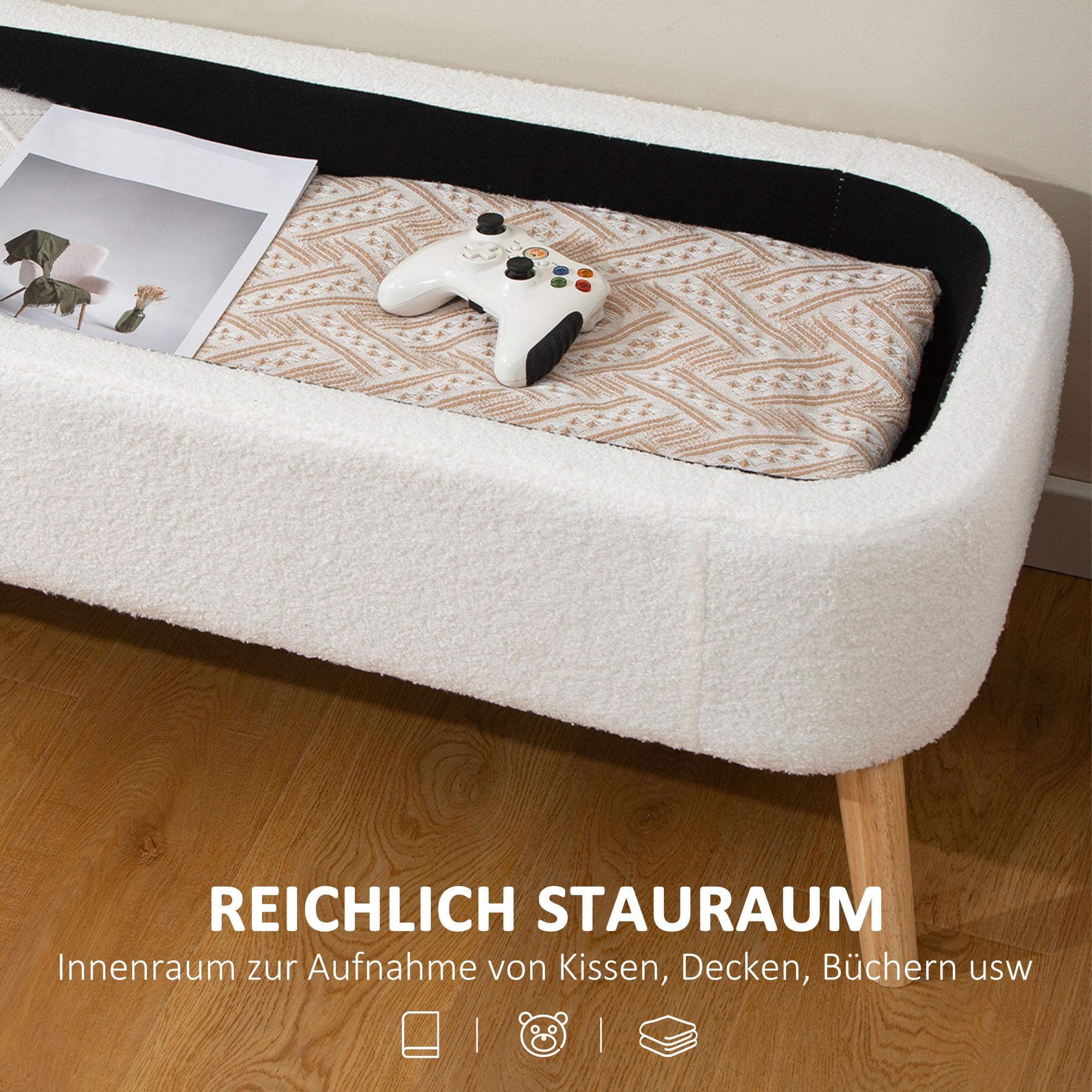 HOMCOM Banco con cojín almacén, Patas Madera, 120x42x45, Blanco Crema | Aspecto vellón teddy, banco con almacén, banco cama, para sala, dormitorio, pasillo.