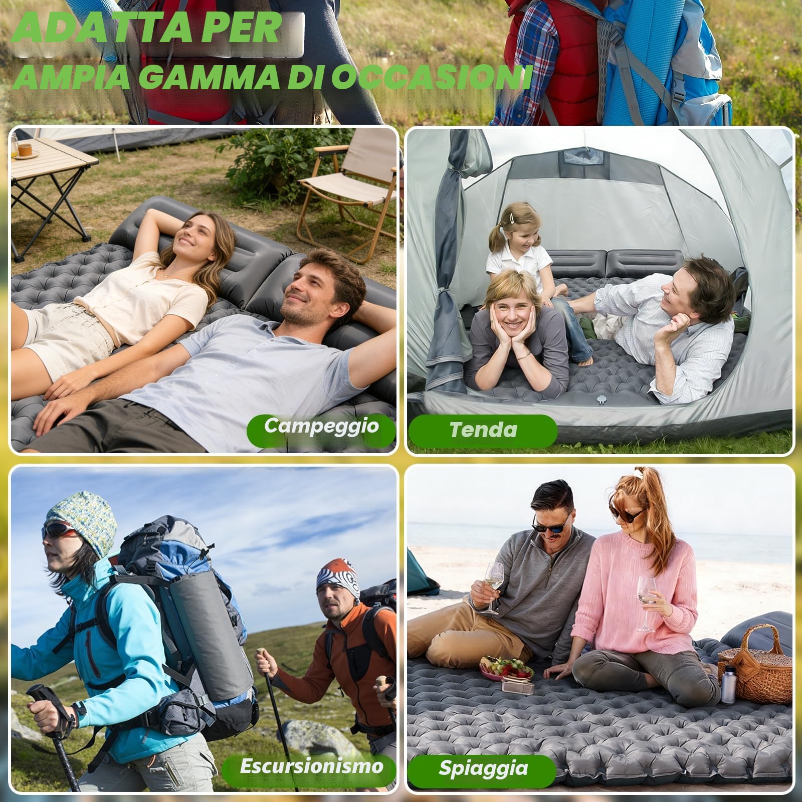 Materassino Doppio Autogonfiante per Campeggio, Materassino Autogonfiabile con Pompa a Pedale, Ultraleggero Materasso Gonfiabile Campeggio con Cuscino per Outdoor, Arrampicata, Campeggios,Pesca