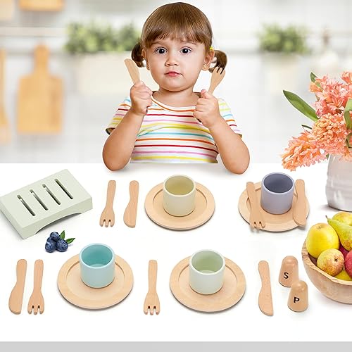 Miniatura 7 de Juego de platos de juguete de madera para niños pequeños, juego de cubiertos y accesorios de cocina para niños, juego de rol, regalo de comida para
