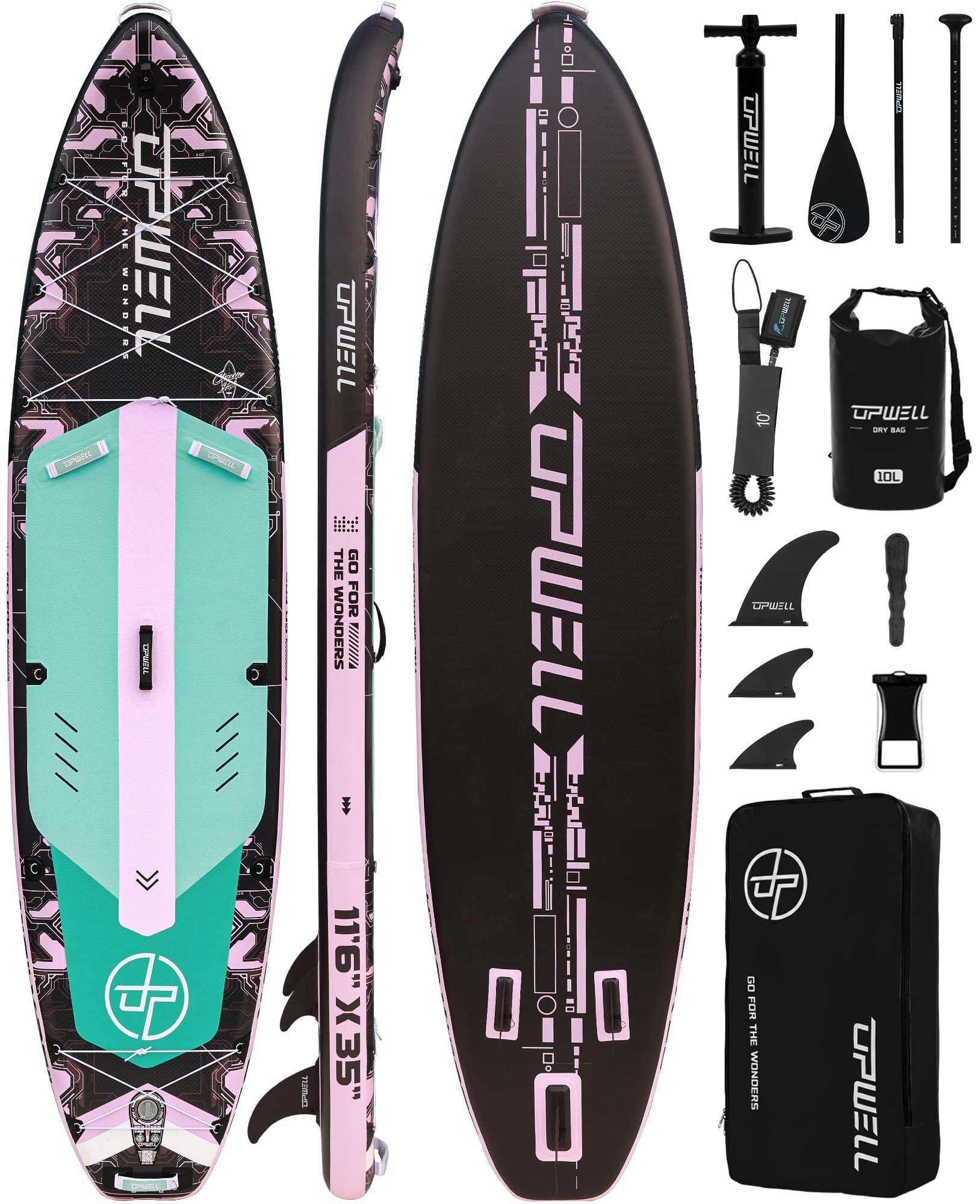 UPWELL 11'6"×35" Extra Wide Inflatable Paddle Board, Stand Up Paddle Board for Youth &amp; Adults, Stable Design, Premium SUP Accessories, 120L Backpack, 10L Dry Bag, Paddle, Leash, Hand Pump, US Fins