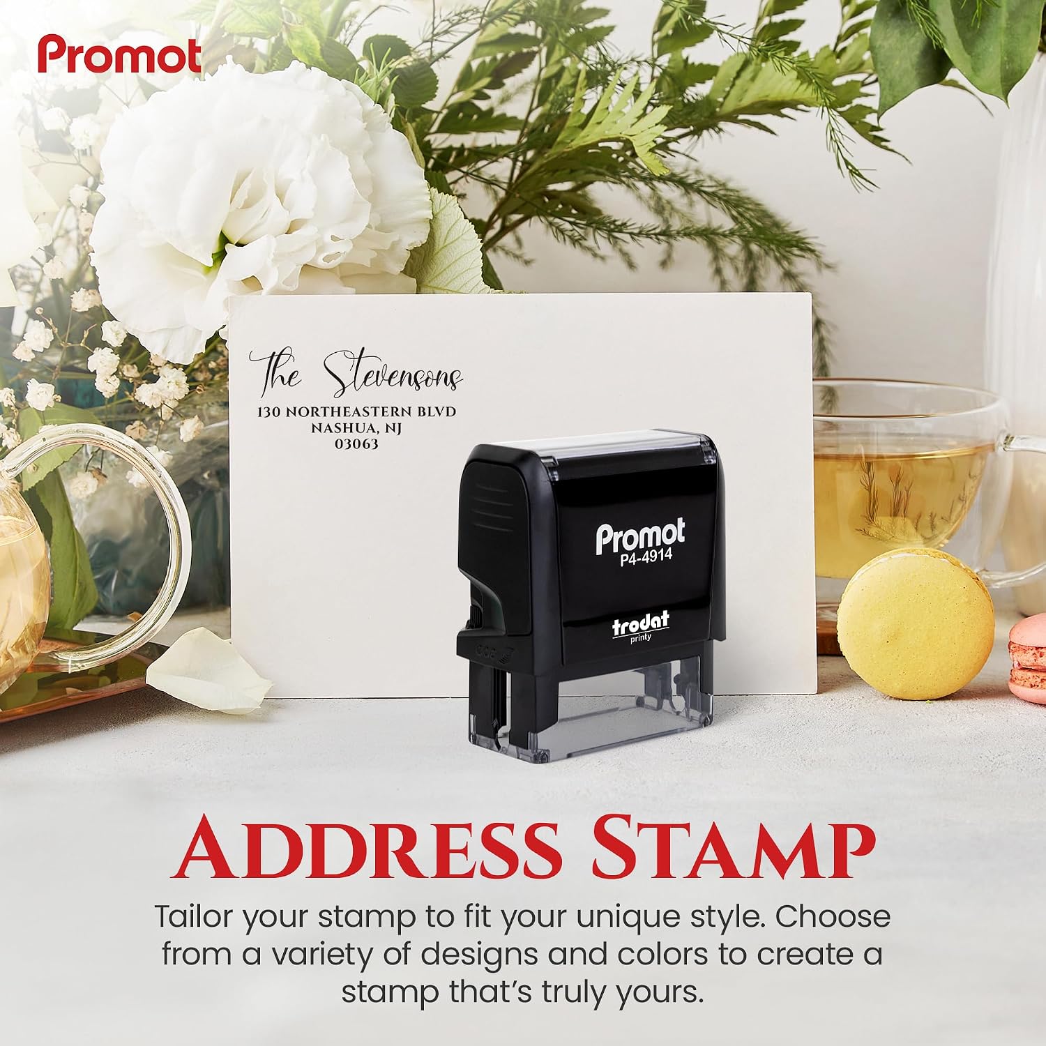 Promot Address Stamp - Personalized Text (Font Style 1) Up to 4 Lines with 4 Ink Color Options, Self-Inking Rubber Custom Stamp for Office & Small Business - Easy to Change Ink Pad - Extra Large