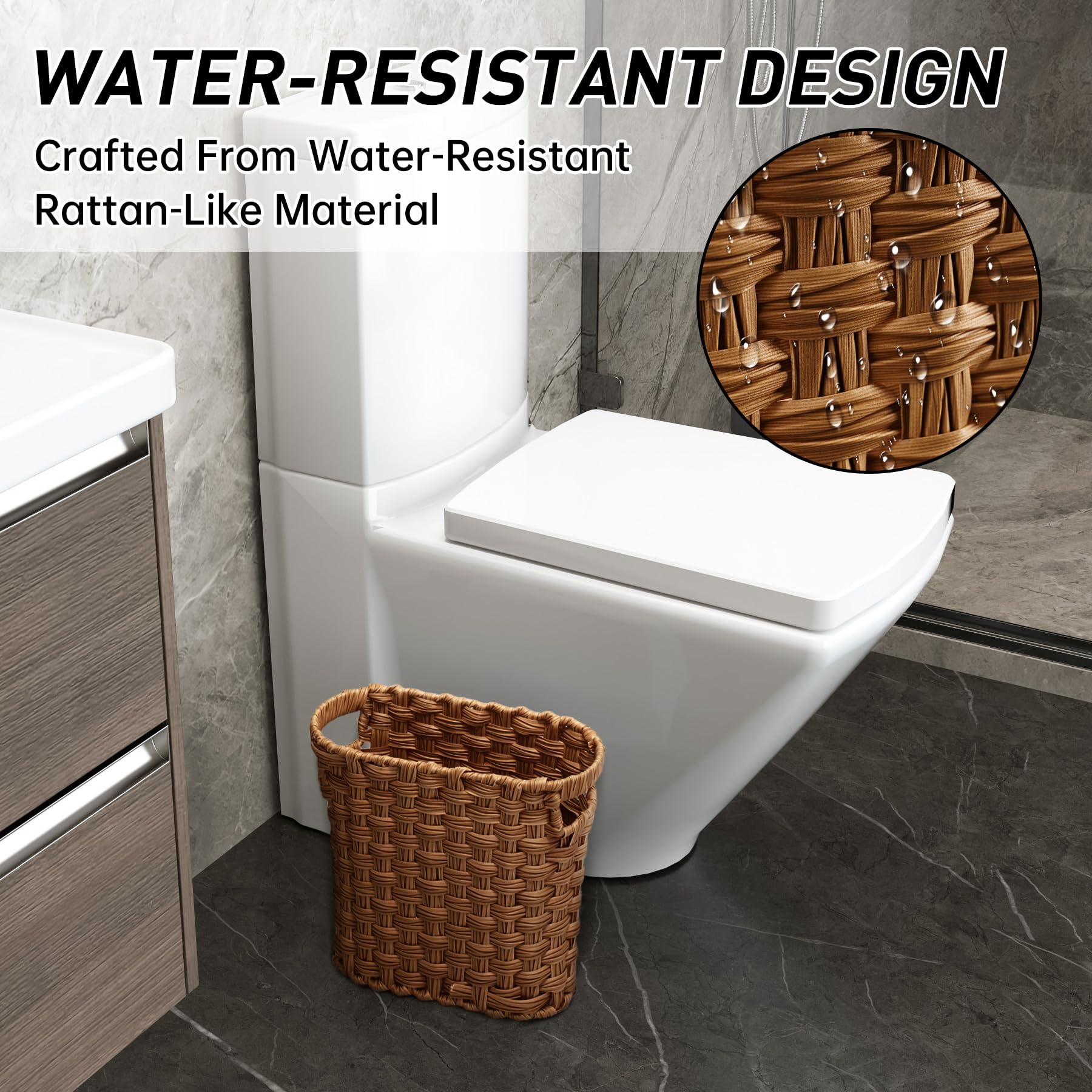 NiHome NiOffice Waste Paper Bin, Compact Wicker Trash Can with Built-in Handles, Durable Wicker Bin for Bedroom Home - Image 3