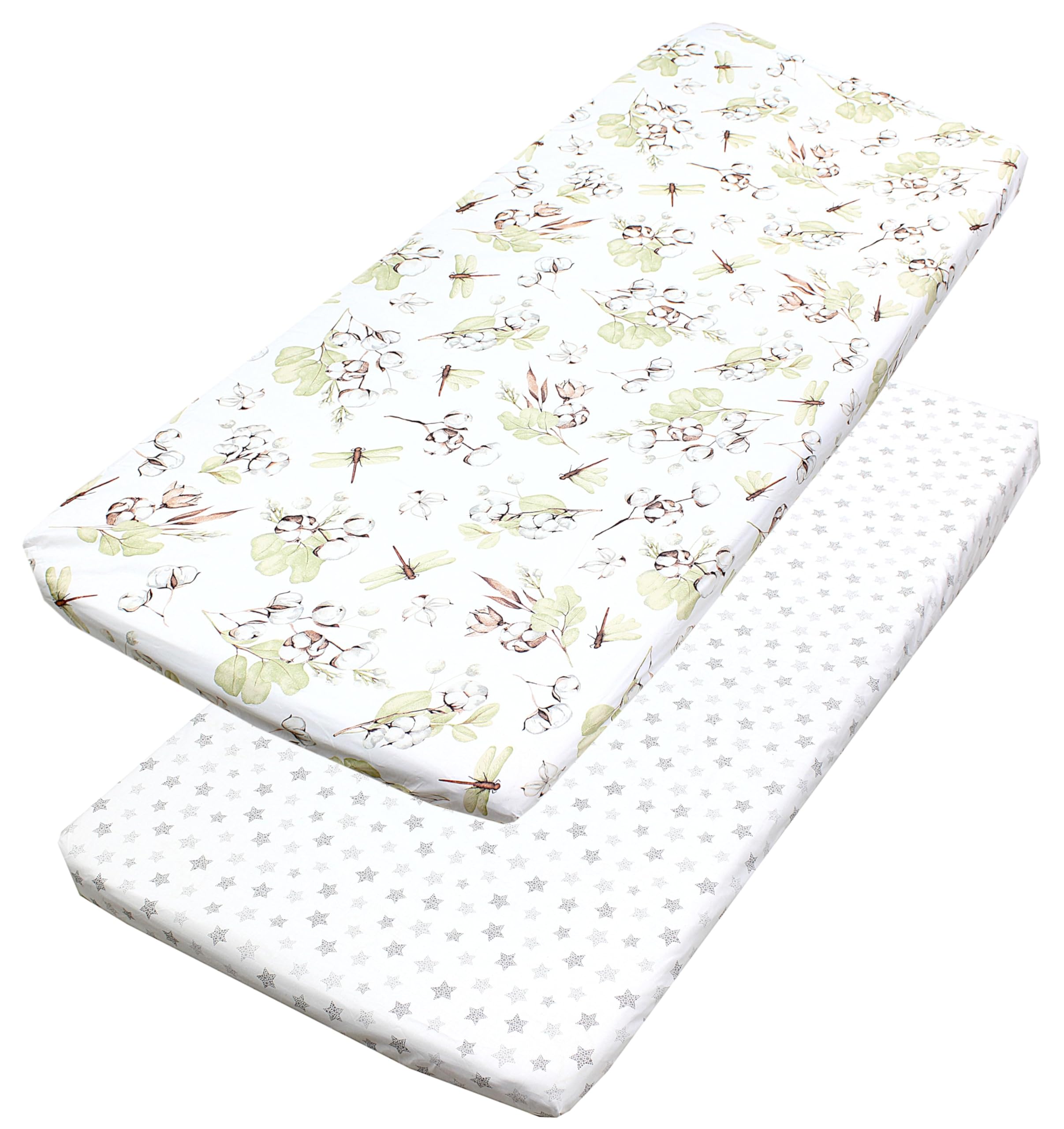 TupTam Baby Spannbettlaken Kinder Spannbetttuch für Babybett Kinderbett 2er Pack, Farbe: Baumwollblüten Weiß Grün/Punkte Sterne Grau Weiß, Größe: 90 x 200 cm