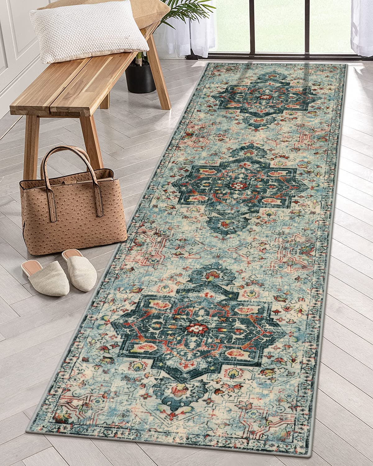Lahome 2x8 Teal Kitchen Runner Rugs Non Skid Washable, Boho Long Carpet Runners for Hallway 8ft, Ultra Soft Distressed Indoor Throw Carpet Runner for Bathroom Entryway Laundry Room Stairway, Teal
