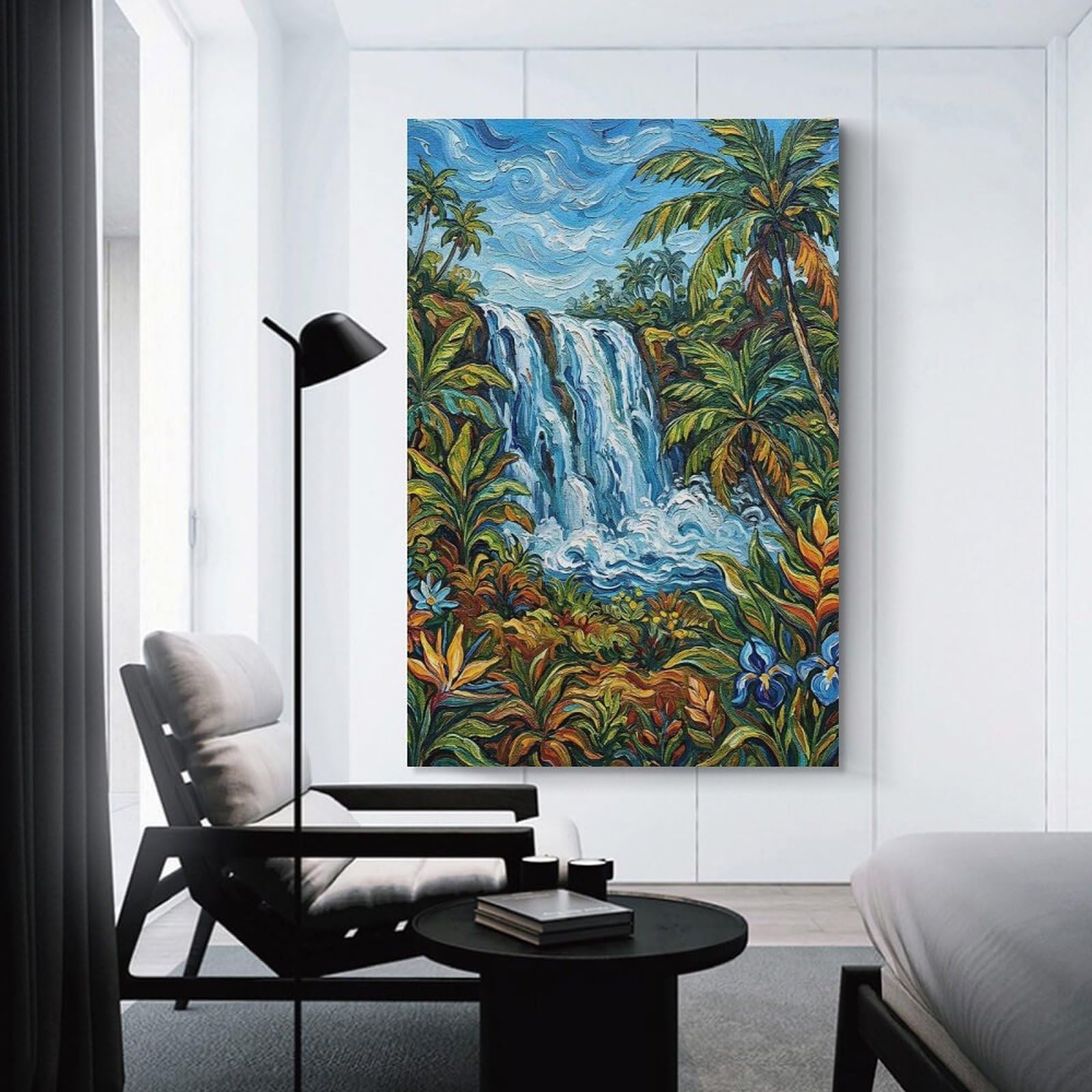 Junmoney Tropical Waterfall Painting with Lush Vegetation Canvas Art Print, 20x30inch(50x75cm), for Hallway, Bedroom Or Modern Interiors, A Wall Art Gift for Fresh Interiors