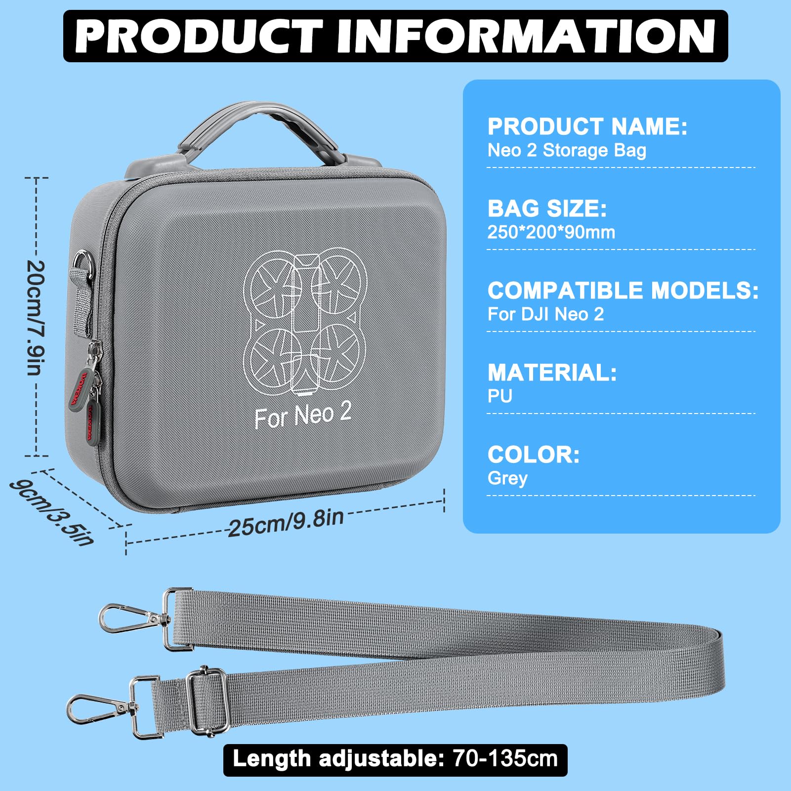 Custodia per DJI Neo 2 con Tracolla Staccabile, Borsa di Stoccaggio da Viaggio, Compatibile con Drone, Batterie, Hub di Ricarica Bidirezionale e Altri Piccoli Accessori – Grigio (Materiale PU)