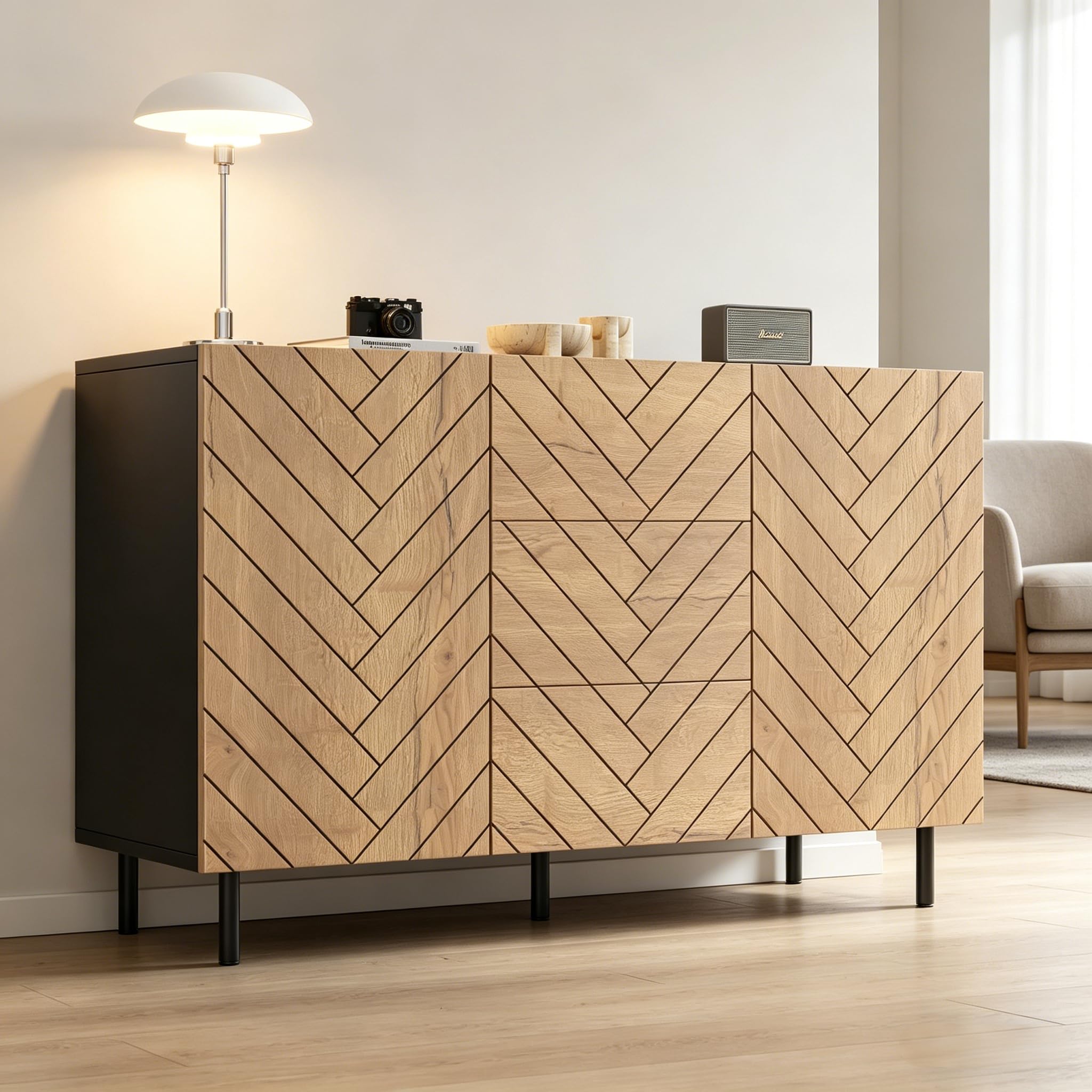 Aparador de madera natural, 120 × 40 × 76 cm, de aglomerado, moderno armario de almacenamiento con 3 cajones y 2 armarios para salón, taquillas, cajoneras, tocador, cómoda