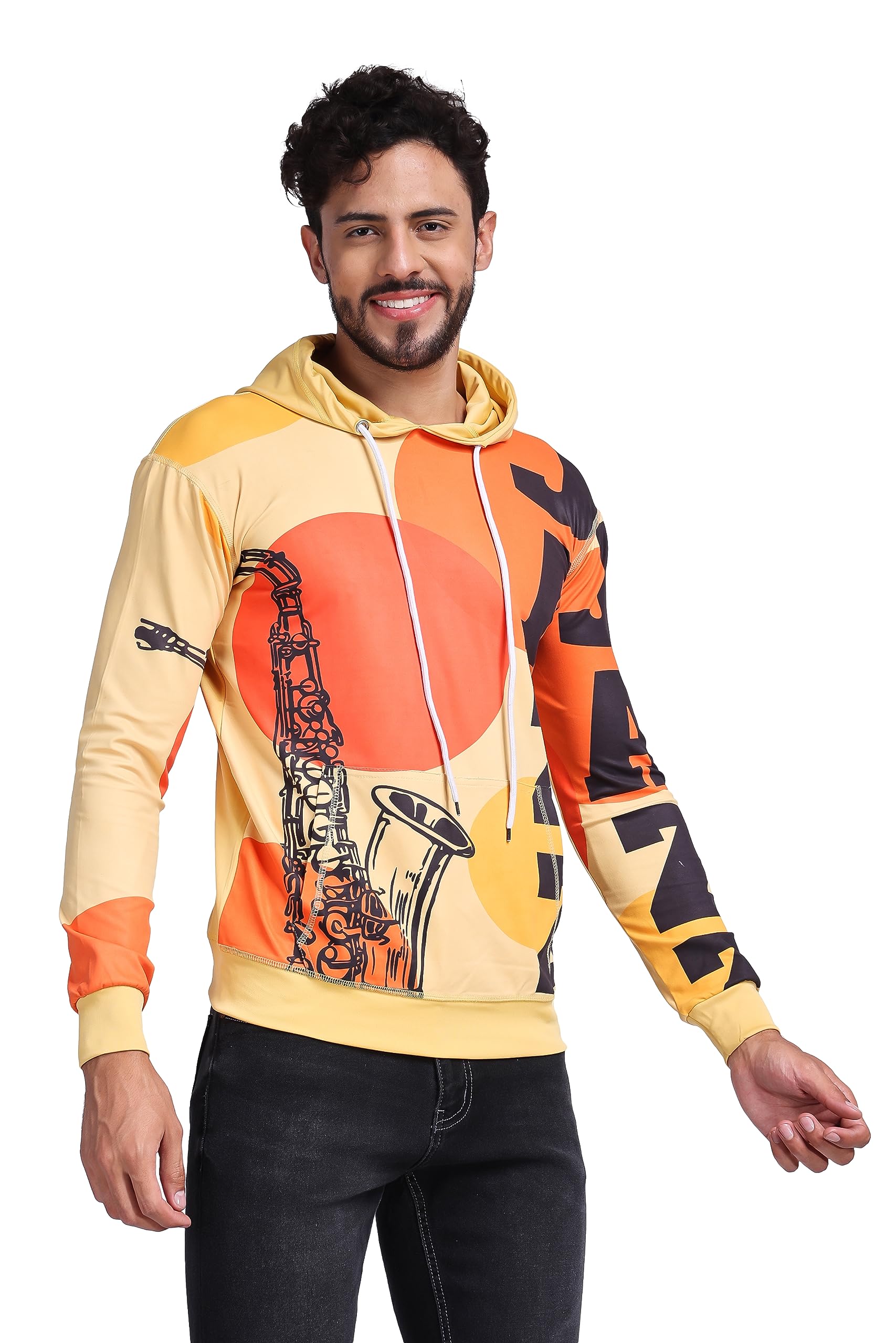 Unisex Hooded Neck Regular Jazz Printed Multicolor Stretchable Lycra Hoodie, Oversized Winter Wear, Medium