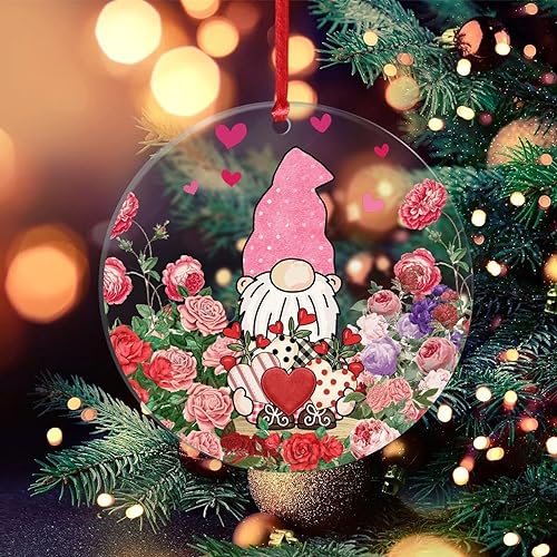 Día de San Valentín corazón rojo gnomo rosas Be Mine acrílico transparente adorno de Navidad decoración del día de San Valentín bola de Navidad