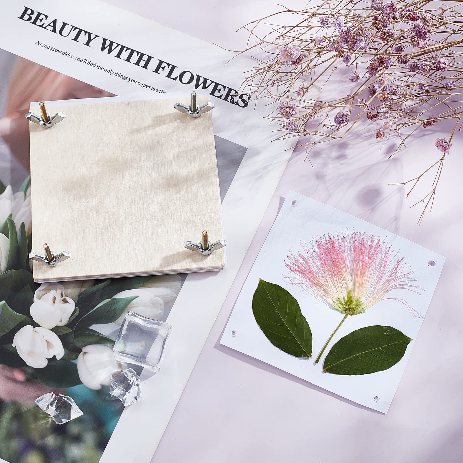 NUOBESTY Set Pressa per Fiori e Foglie in Legno Resistente, Kit Strumenti per Pressatura Piante per Adulti e Appassionati di Botanica, Uso per Scrapbooking, Biglietti e Decorazioni Fai