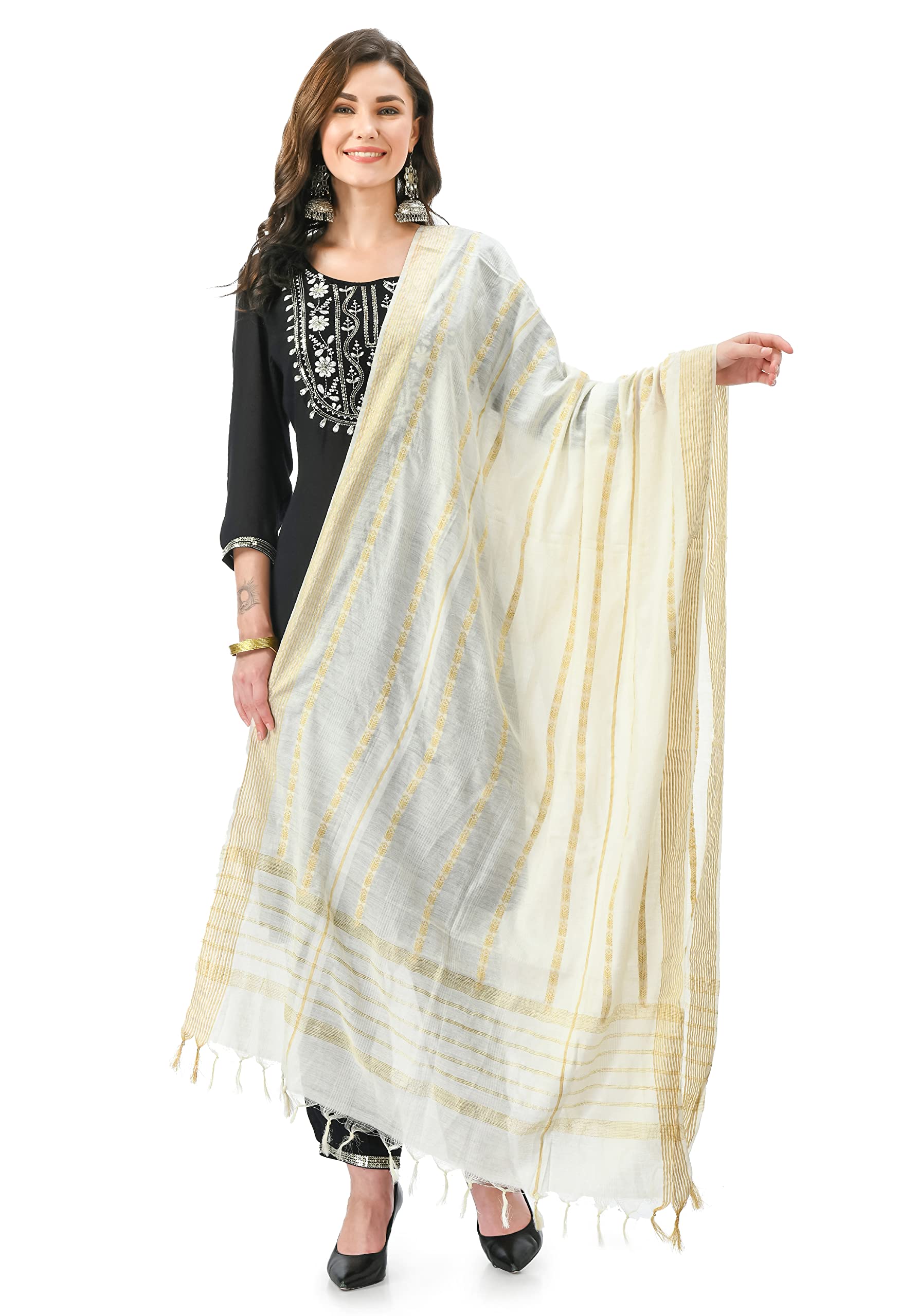 A R Silk Women's White Cotton Gold Weaving Self Degine Regular Dupatta & Chunnis